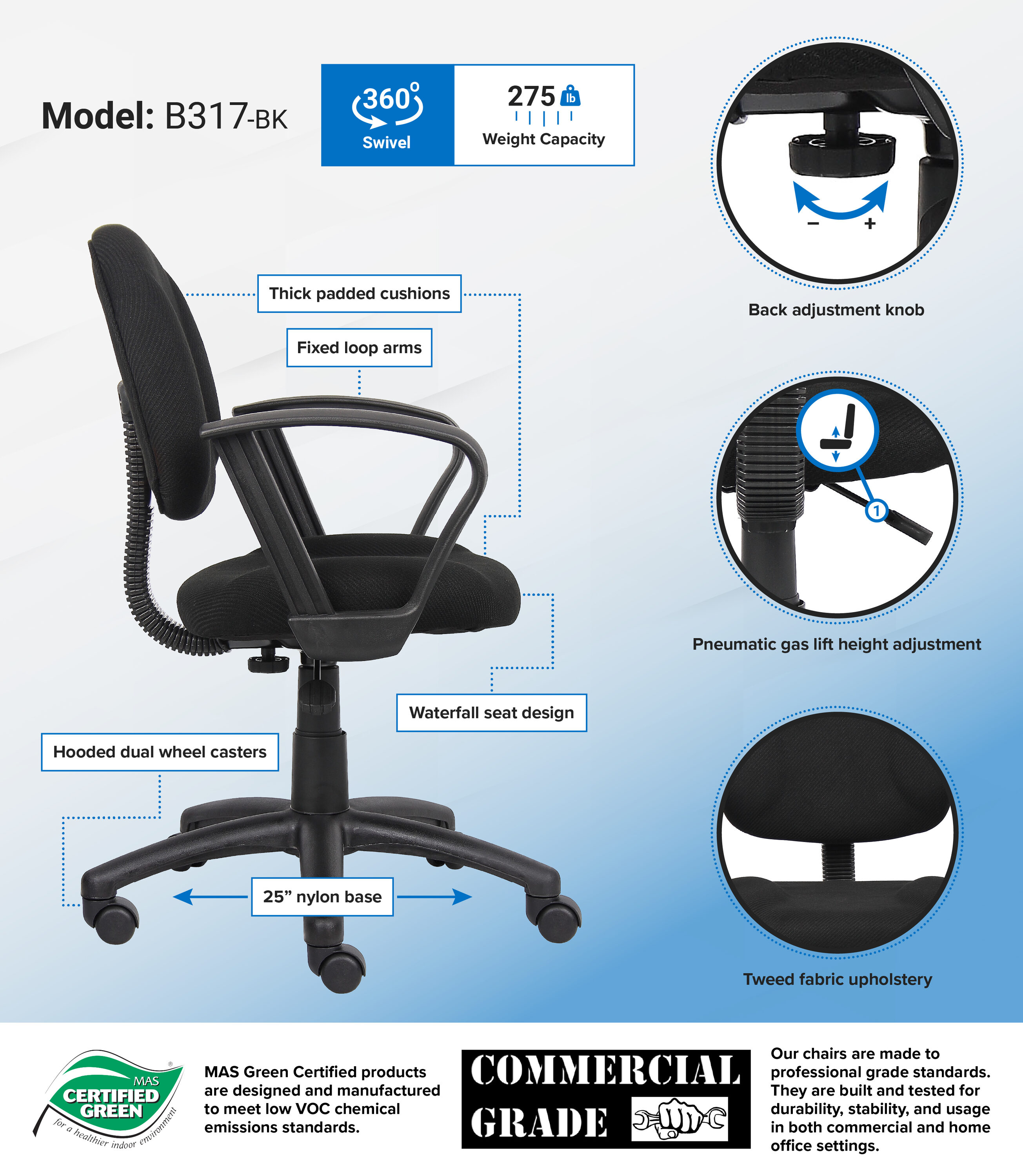 Deluxe Black Fabric Task Chair with Pneumatic Lift and Lumbar Support