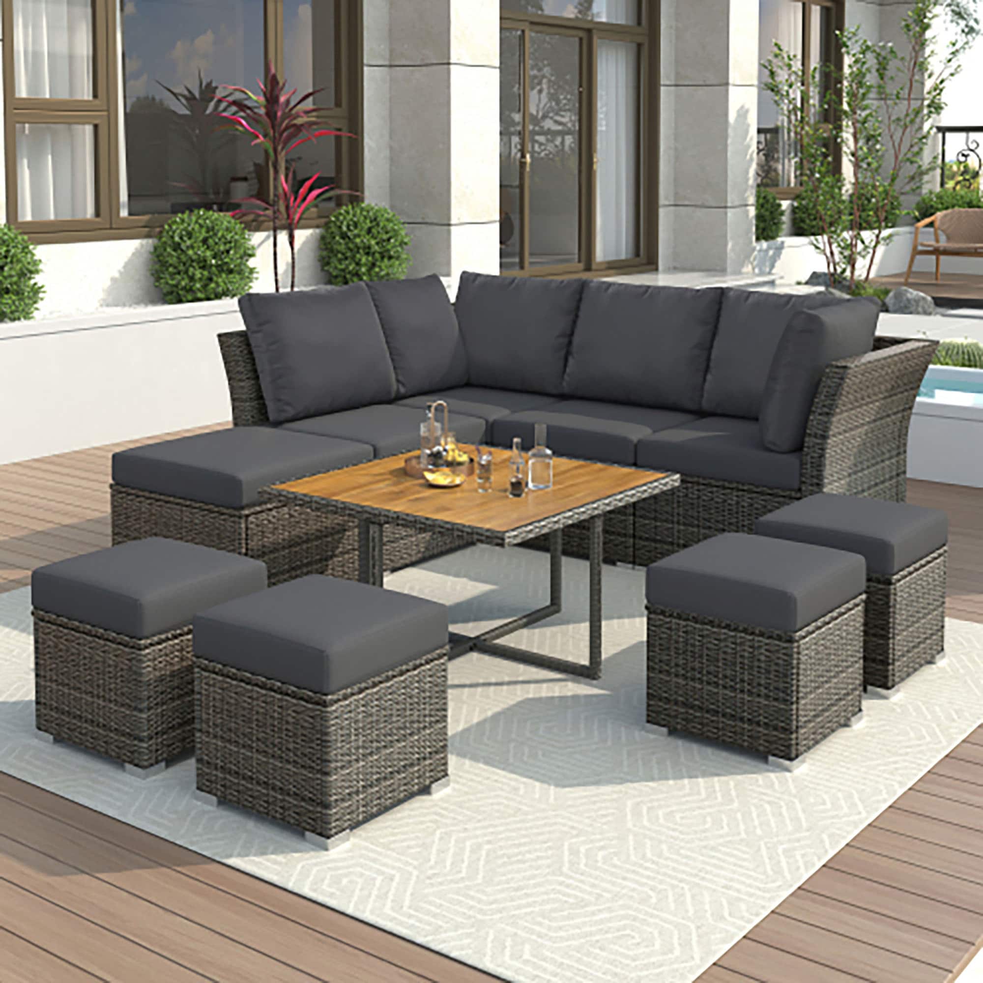 Forclover ALUS-378AE 10 -Piece Rattan Patio Sofa Conversation Set with Gray Cushions