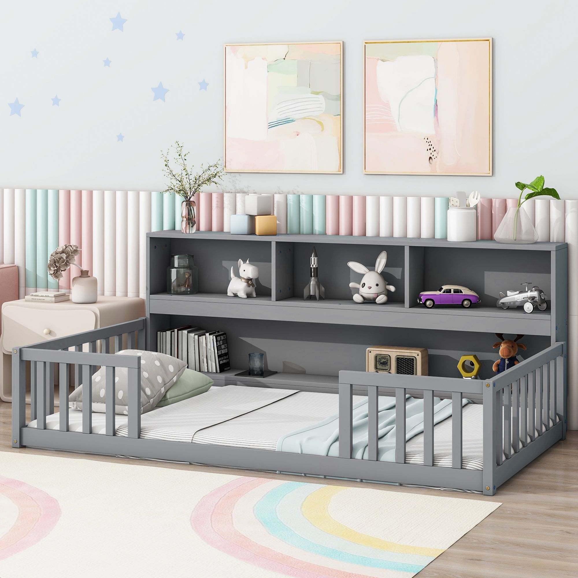 Yiekholo LL-1838AAE Gray Twin Wood Bed frame Bed with Storage