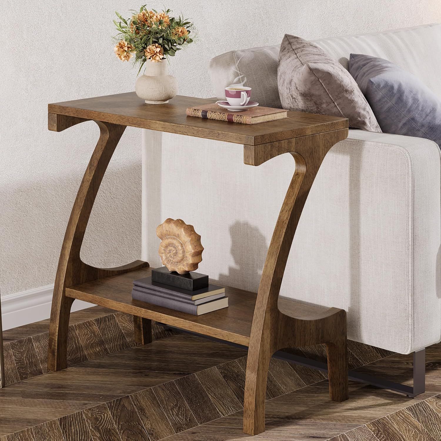 Slickblue Brown Wooden C Shaped End Table with Open Shelf Storage for ...