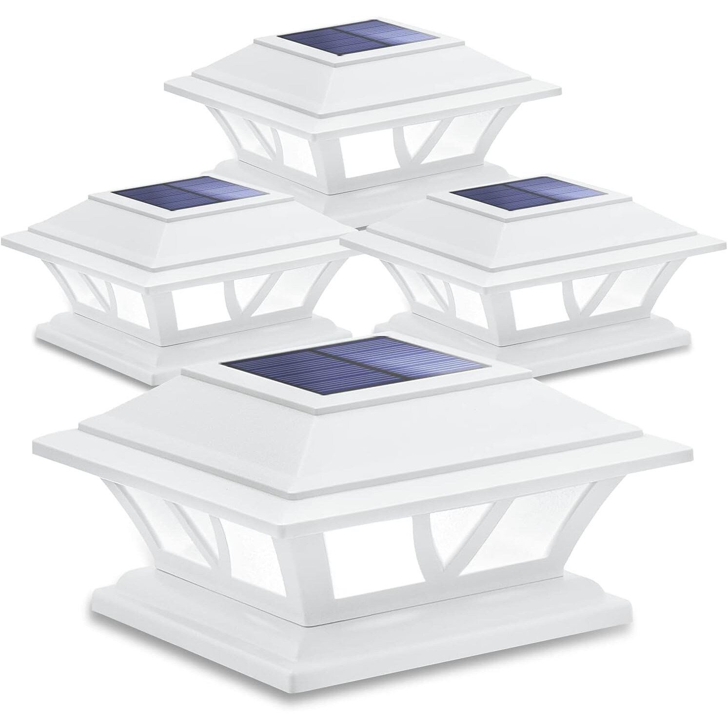 Knojodu  4 Pack Solar Post Cap Lights for 4x4 5x5 6x6 Posts LED Fence Deck Light with 2 Modes Warm White and Cool White White Finish for Garden Patio