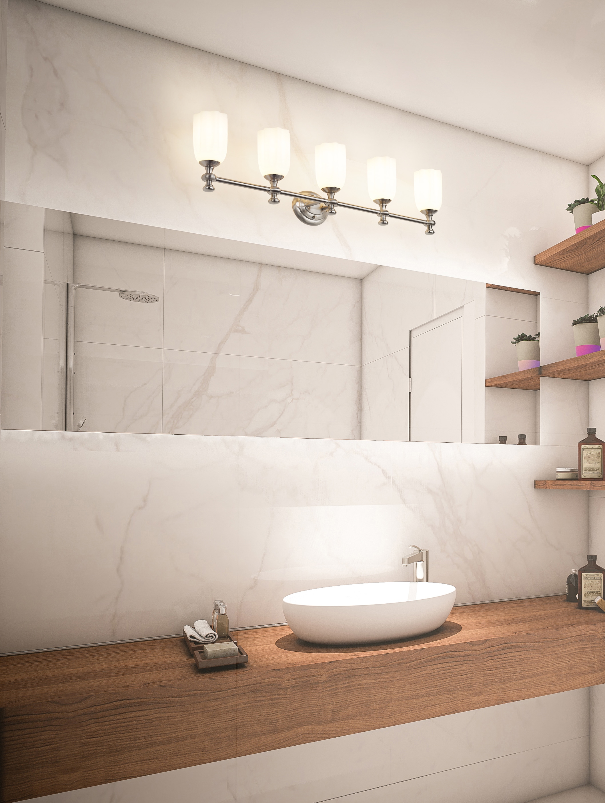 Orion Brushed Nickel 5-Light Vanity with Opal Glass Shades