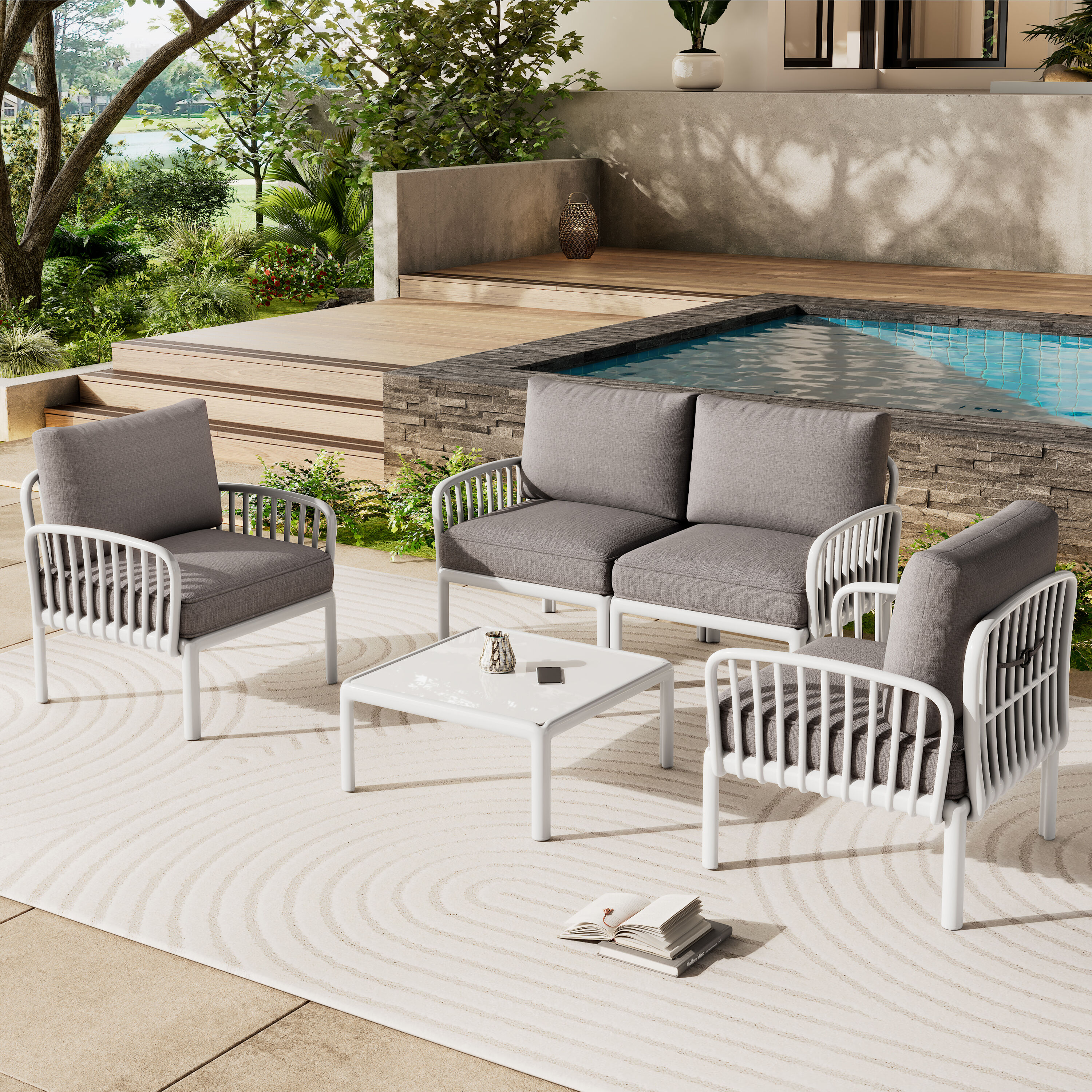 Oizaye ZWG-W2337S1 5 -Piece Patio Conversation Set with Gray Cushions