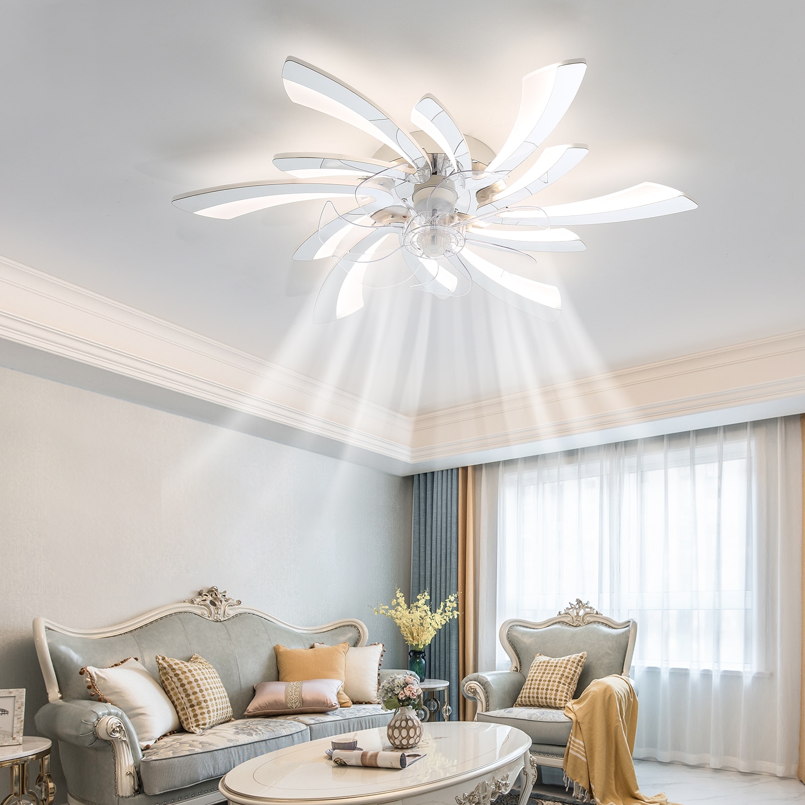 JUSHUA Ceiling Fan with Lights Remote Control 3 Color Temperatures 6 Gear wind Speed Fan Light
