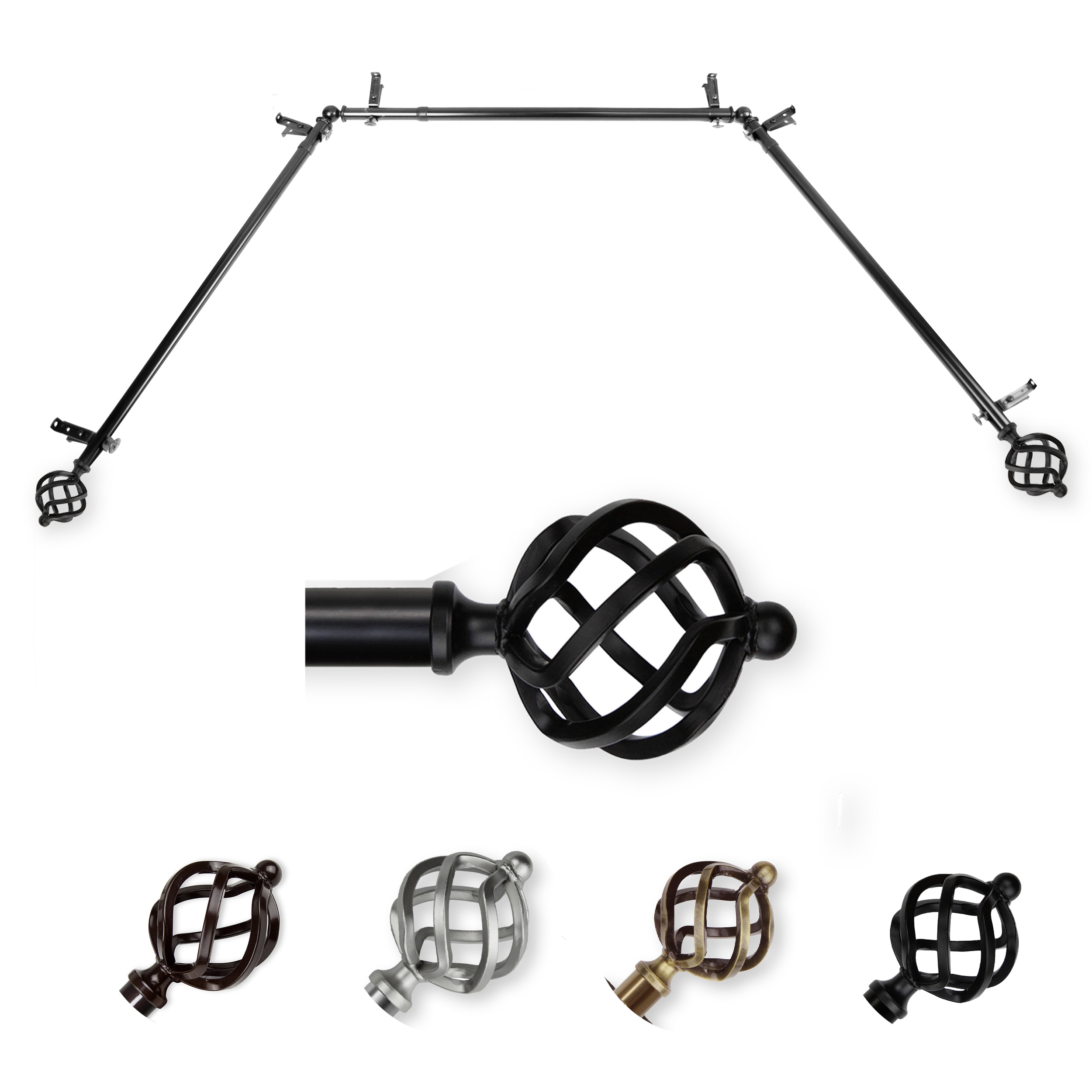 Hart & Harlow LO-ABAY-42-2 72-in to 144-in Black Steel Bay window curtain rod with Finials