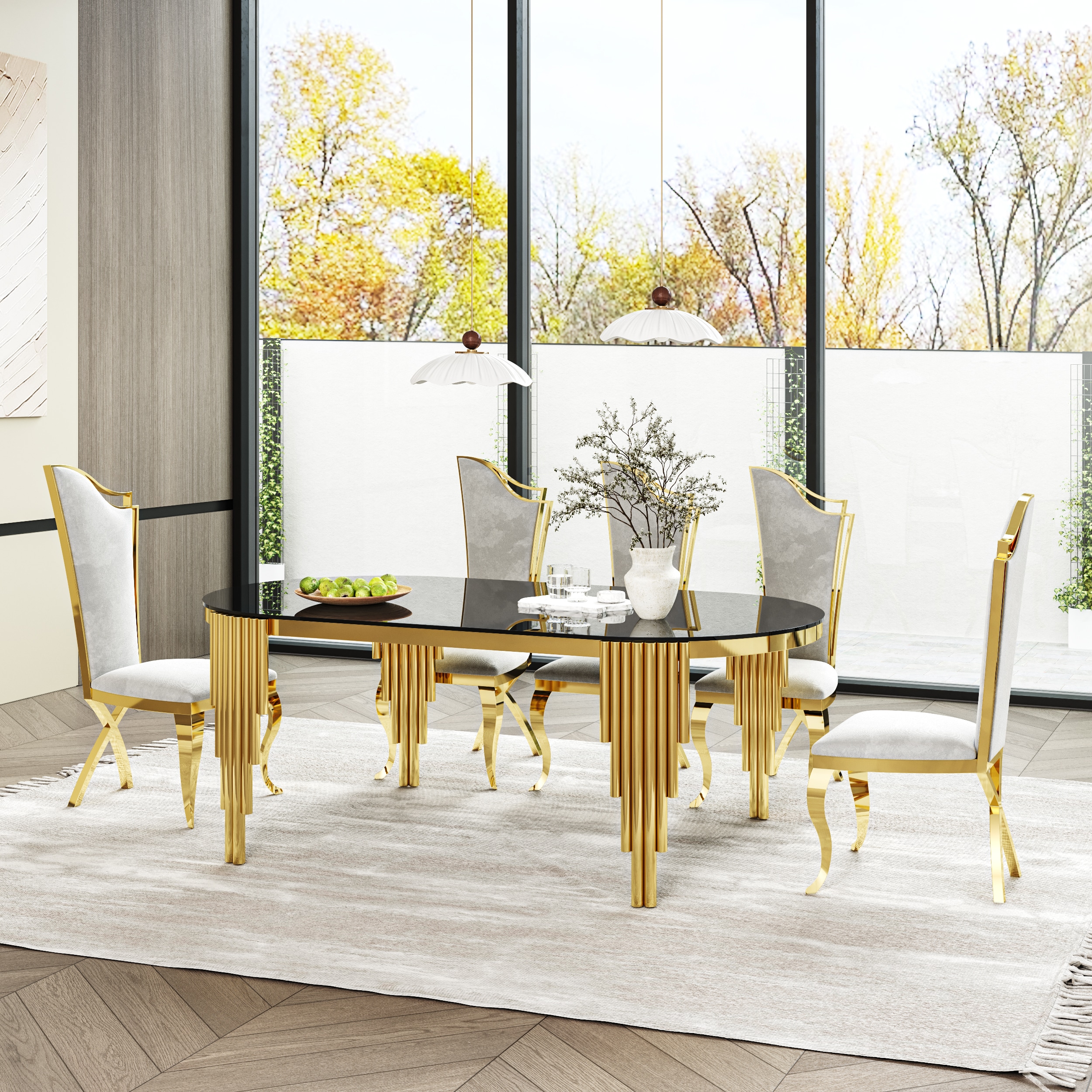 Wooakway 70.07 x 34.64 x 29.53 Oval Dining Room Table Black Glass Top Modern Design Dinner Table With Gold Stainless Steel Legs Easy To Assembly And Clean