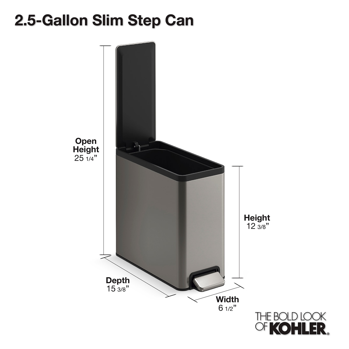 Kohler 13-Gallon Stainless Steel Slim Step Trash Can With Bifold