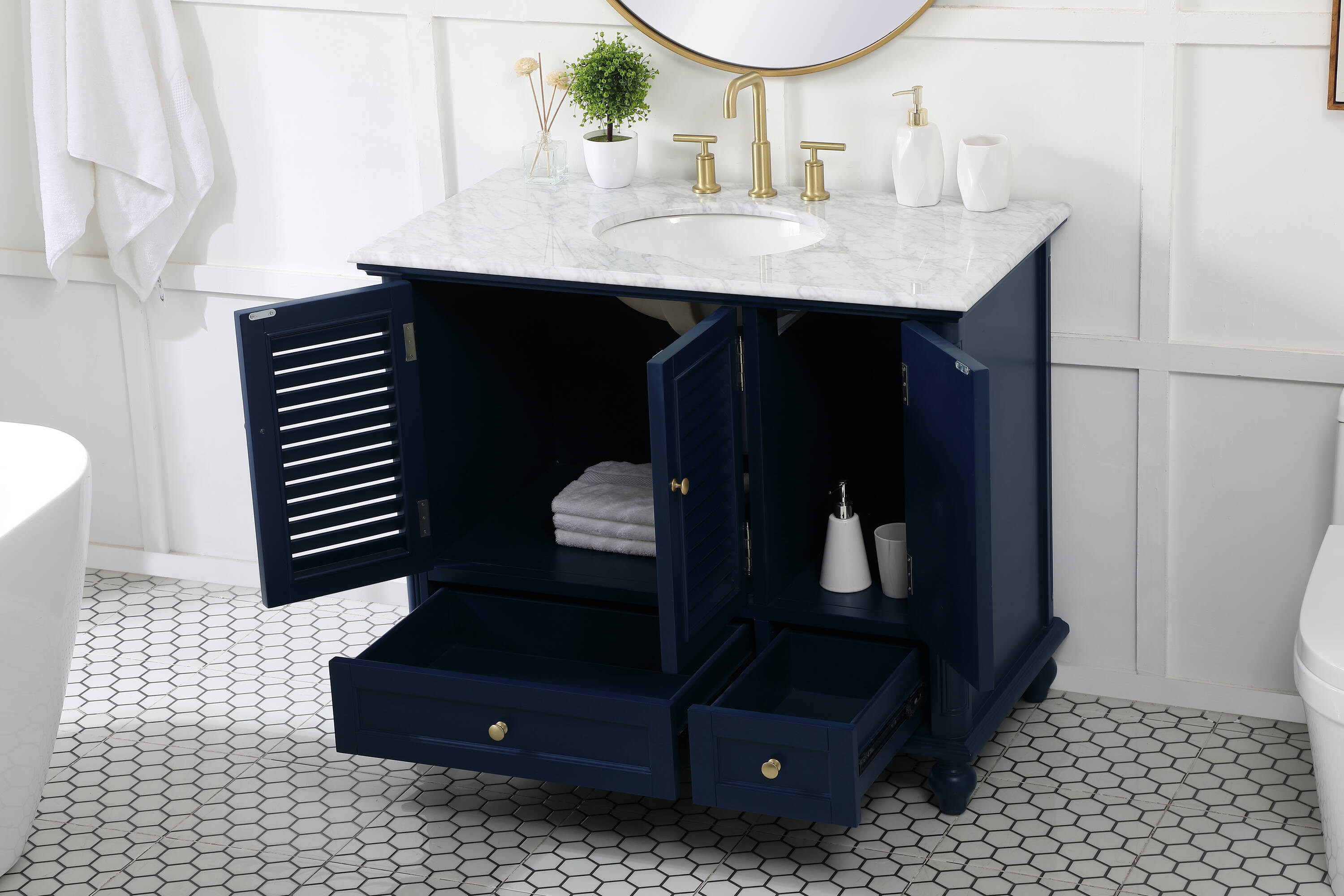 Rhodes 42" Blue Solid Wood Single Bathroom Vanity with Marble Top