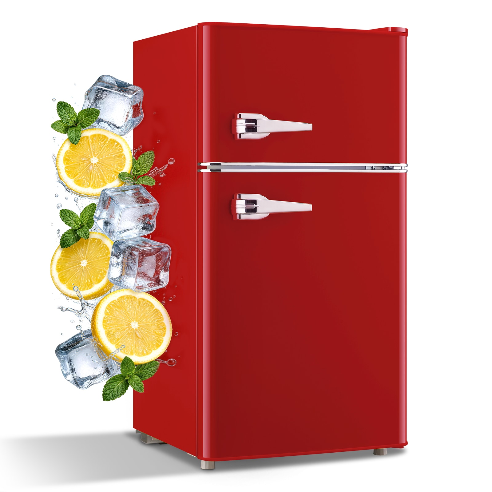 WANAI 3.5 Cu.Ft Retro Mini Fridge with Top Freezer Dual Door Refrigerator with Handles Red #BCD-100-RED-HDL-1