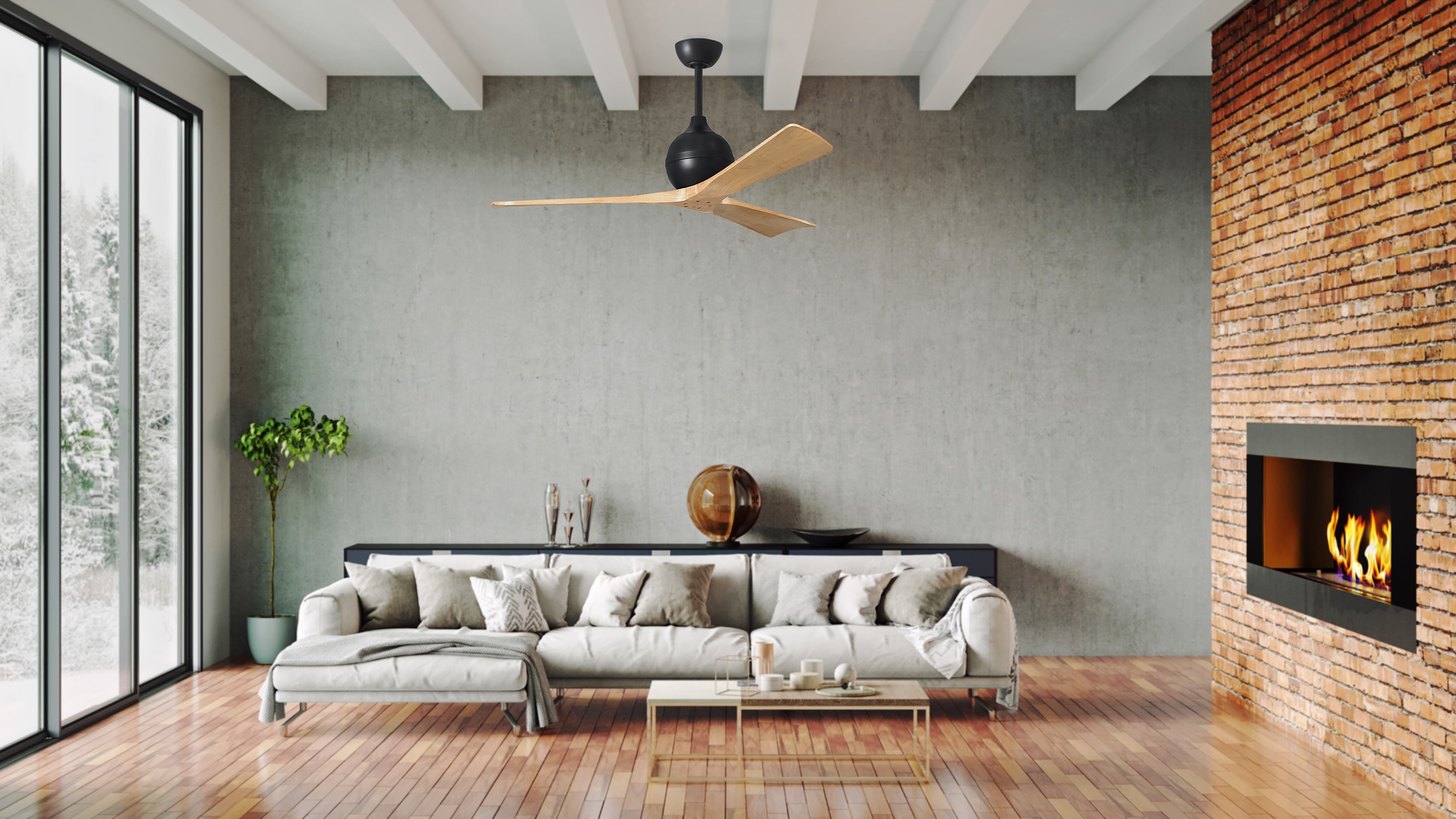 Matthews Fan Company IR3-BK-LM-42 Irene-3 42-in Outdoor Matte Black with Light Maple Blades Ceiling Fan Without Light - Remote Included ( 3 -Blade )