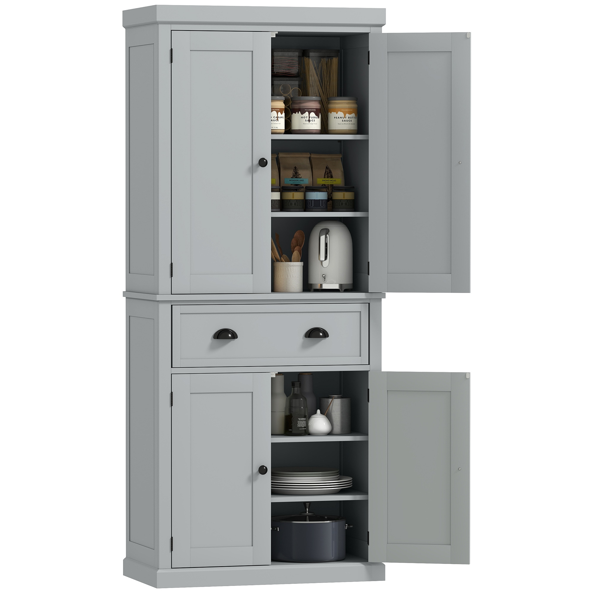 HomCom 72.5 Kitchen Pantry Cabinet Traditional Freestanding Storage Cabinet with 4 Doors Drawer and 3 Adjustable Shelves for Dining Room Gray #835-115V83GY