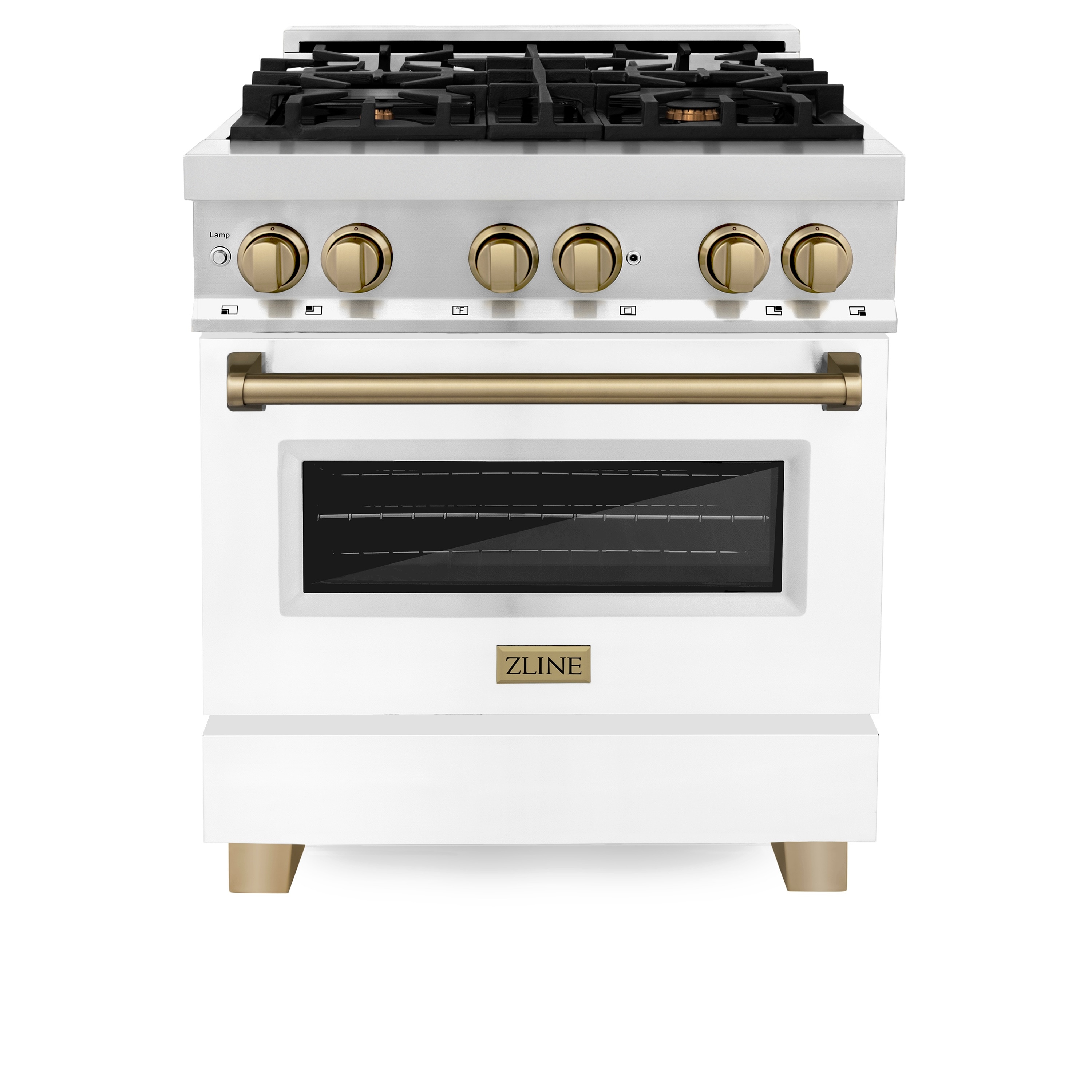 ZLINE KITCHEN & BATH RAZ-WM-30-CB Legacy 30-in Deep recessed 4 burners Convection Oven Freestanding Dual Fuel Range ( Stainless Steel with White Matte Door and Champagne Bronze Accents )