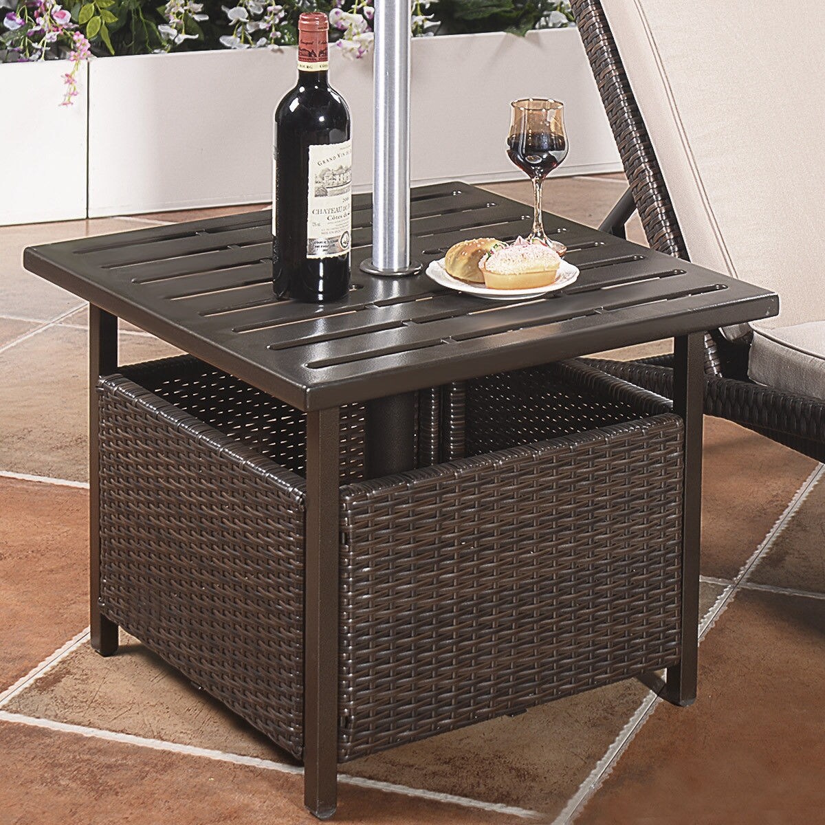 CASAINC Square Rattan Outdoor End Table 22in W x 22in L with Umbrella