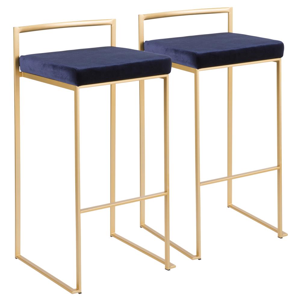 LumiSource B30-FUJI AUVBU2 Fuji Set of 2 Gold, Blue 34-in H Bar height Upholstered Stackable Metal Bar Stool