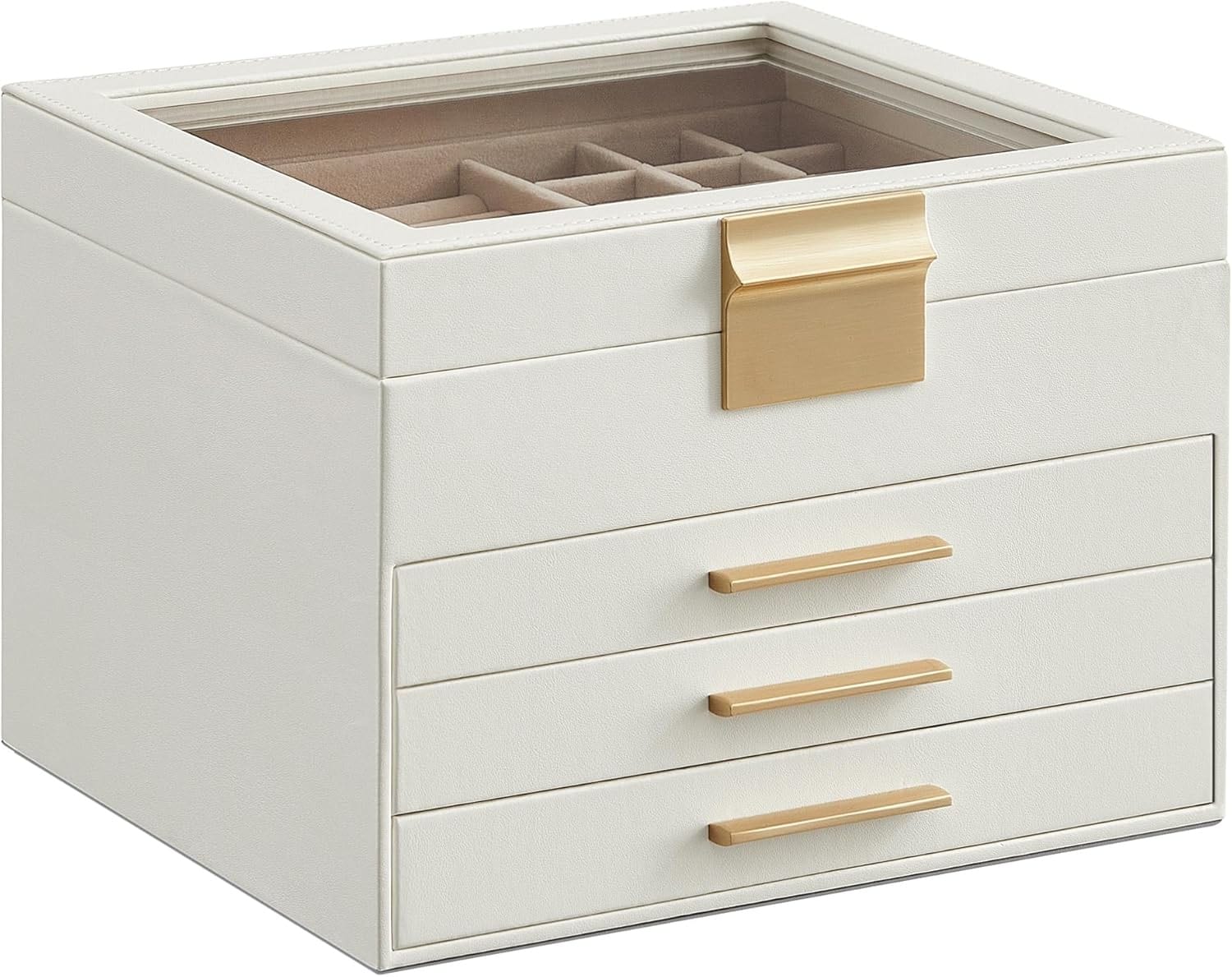 SONGMICS HOME JBC173W01 Jewelry Box Organizer with Glass Lid – Modern 4-Layer Storage with 3 Drawers Cloud White
