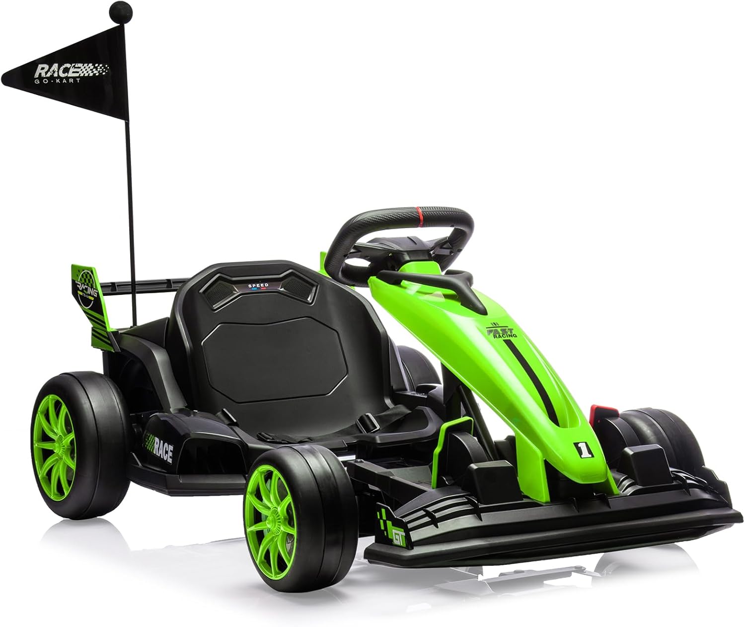 Qeetex CARPTO333CGSCX 24V Electric Go Kart For Kids Ages 6 To 12 Adjustable Seat Variable Speed Mode High Speed Racing Silent Eva Tires And Durable Steel Frame Green