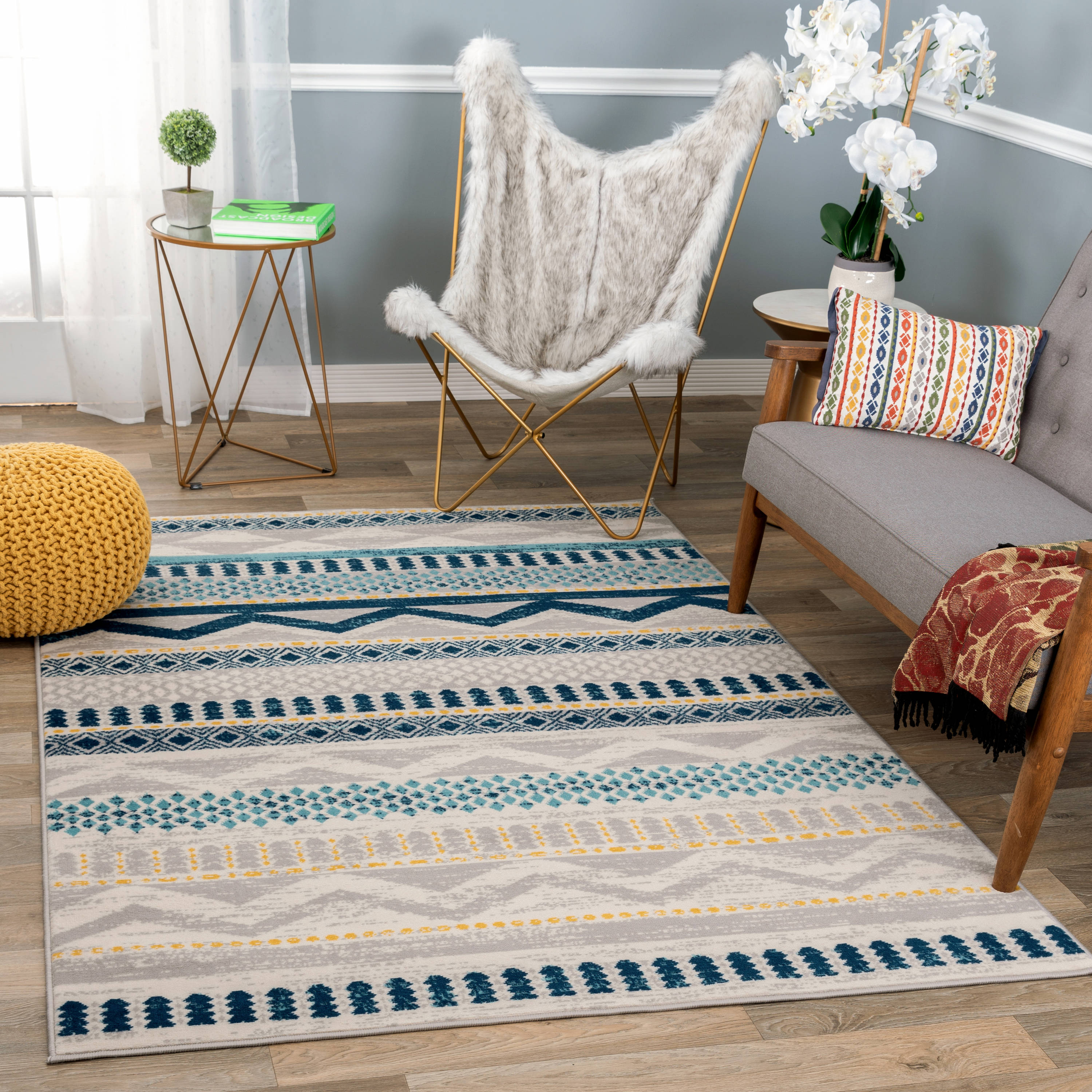 Boho Blue Geometric Tufted Synthetic Area Rug