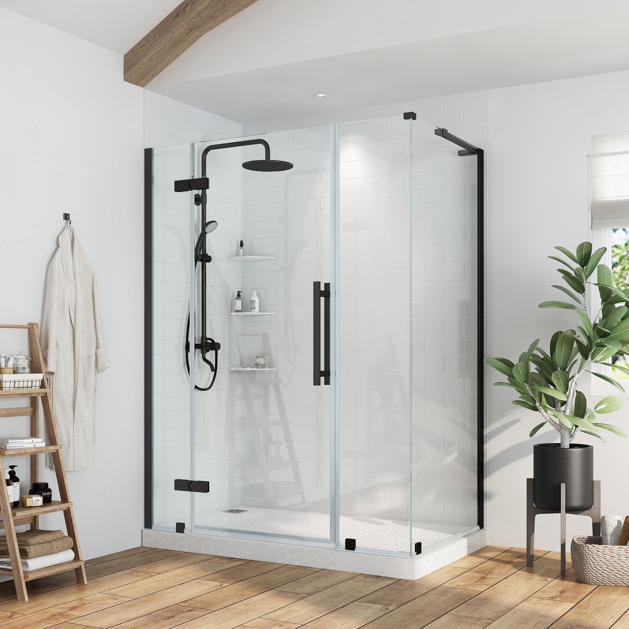 Tampa Black Frameless Corner Shower Kit with Glass Panels and Shelves