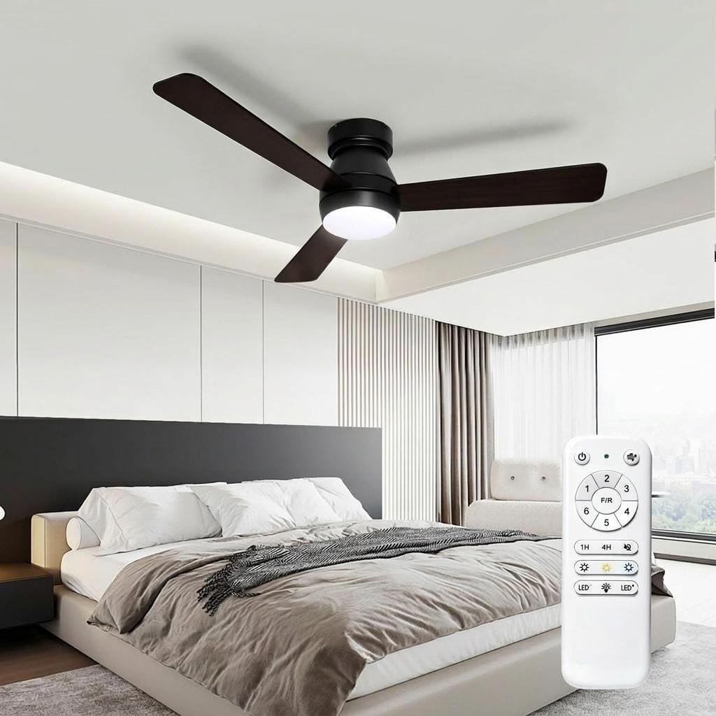 Vrbgify  42 inch Low Profile Flush Mount Ceiling Fan 3 Blade with Dimmable 3CCT LED Light Remote Control Reversible Quiet for Bedroom Indoor Outdoor 1 Piece