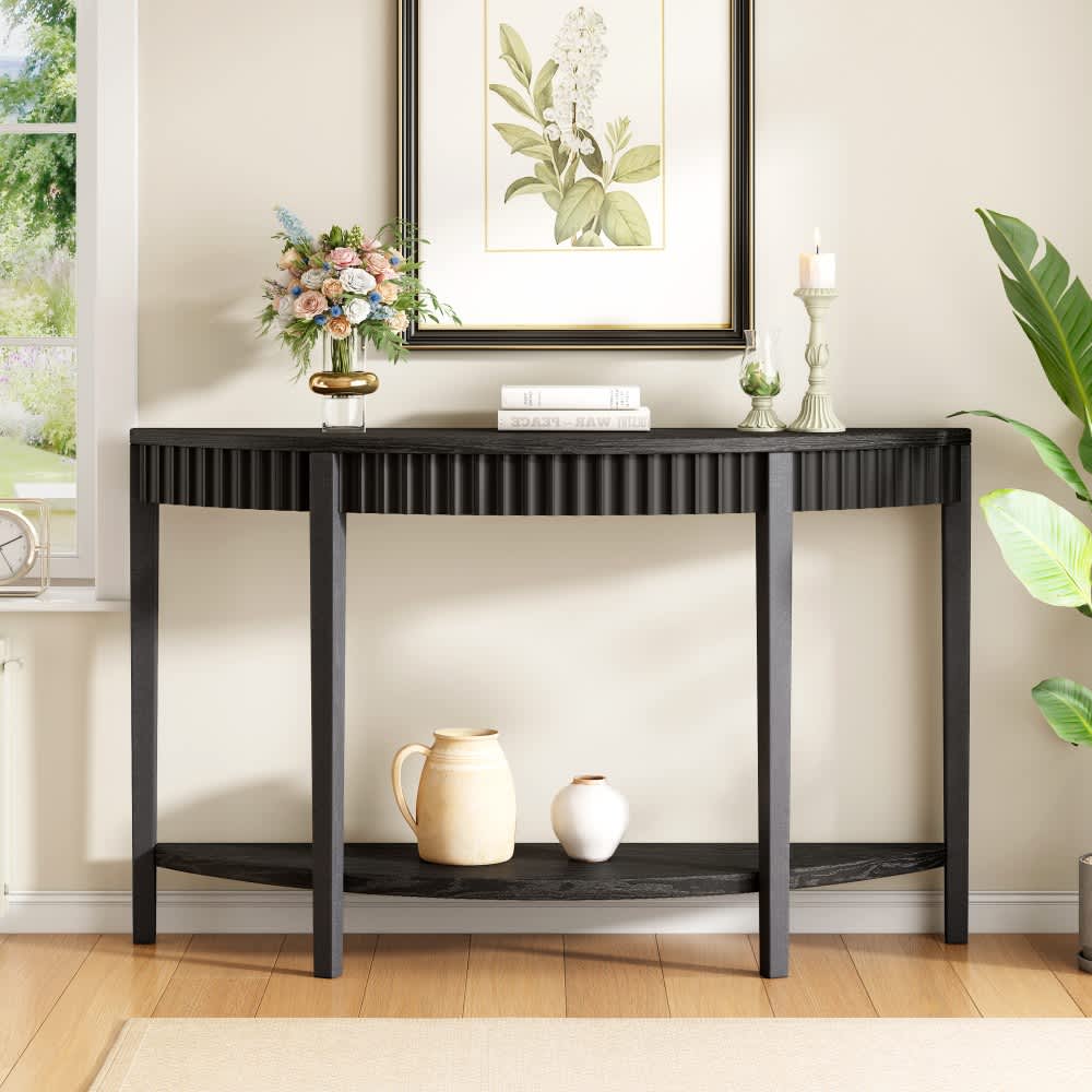 Coolbibila OAKLEE-CONSOLE-BLACK 55 Inch Black Half Moon Entryway Table Wood Veneer Demilune Console Table with Open Shelf for Foyer