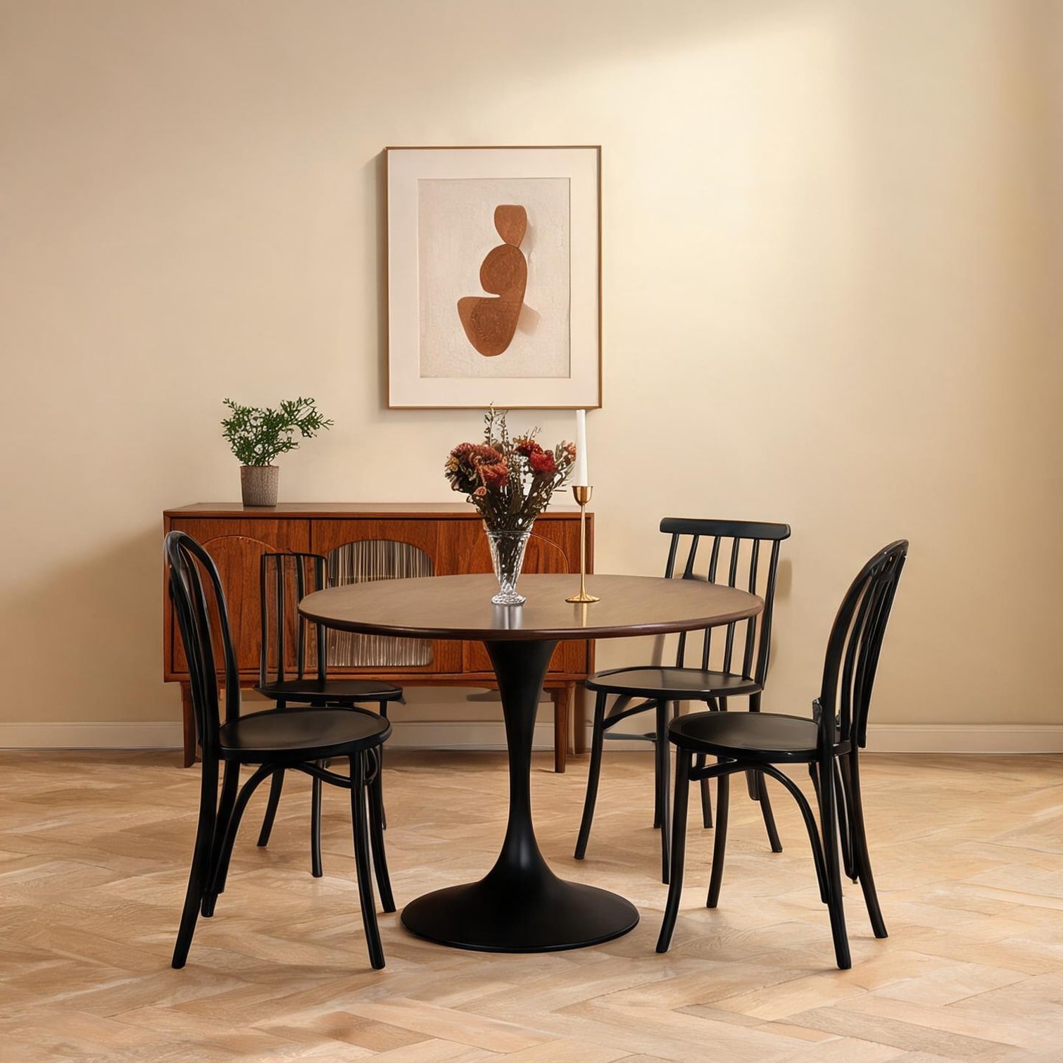 Naturefalls - 31.5-Inch Round Dining Table Mid-Century Modern Pedestal Style Warm Brown MDF Top a...