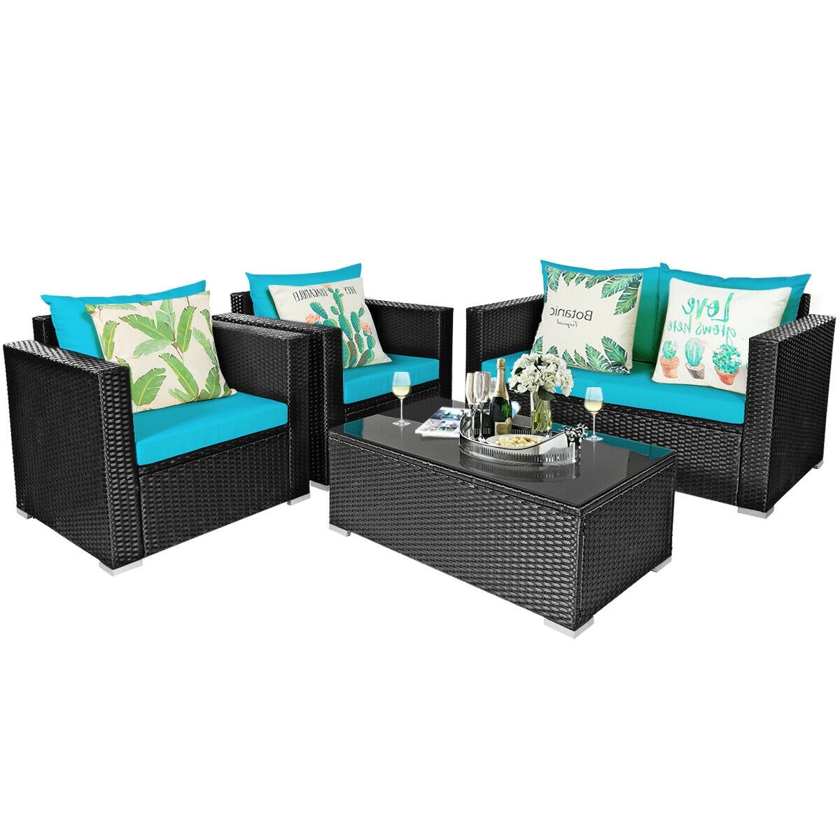 Forclover HYFC-7841TU Patio Conversation Sets 4 -Piece Rattan Patio Conversation Set with Light Blue Cushions