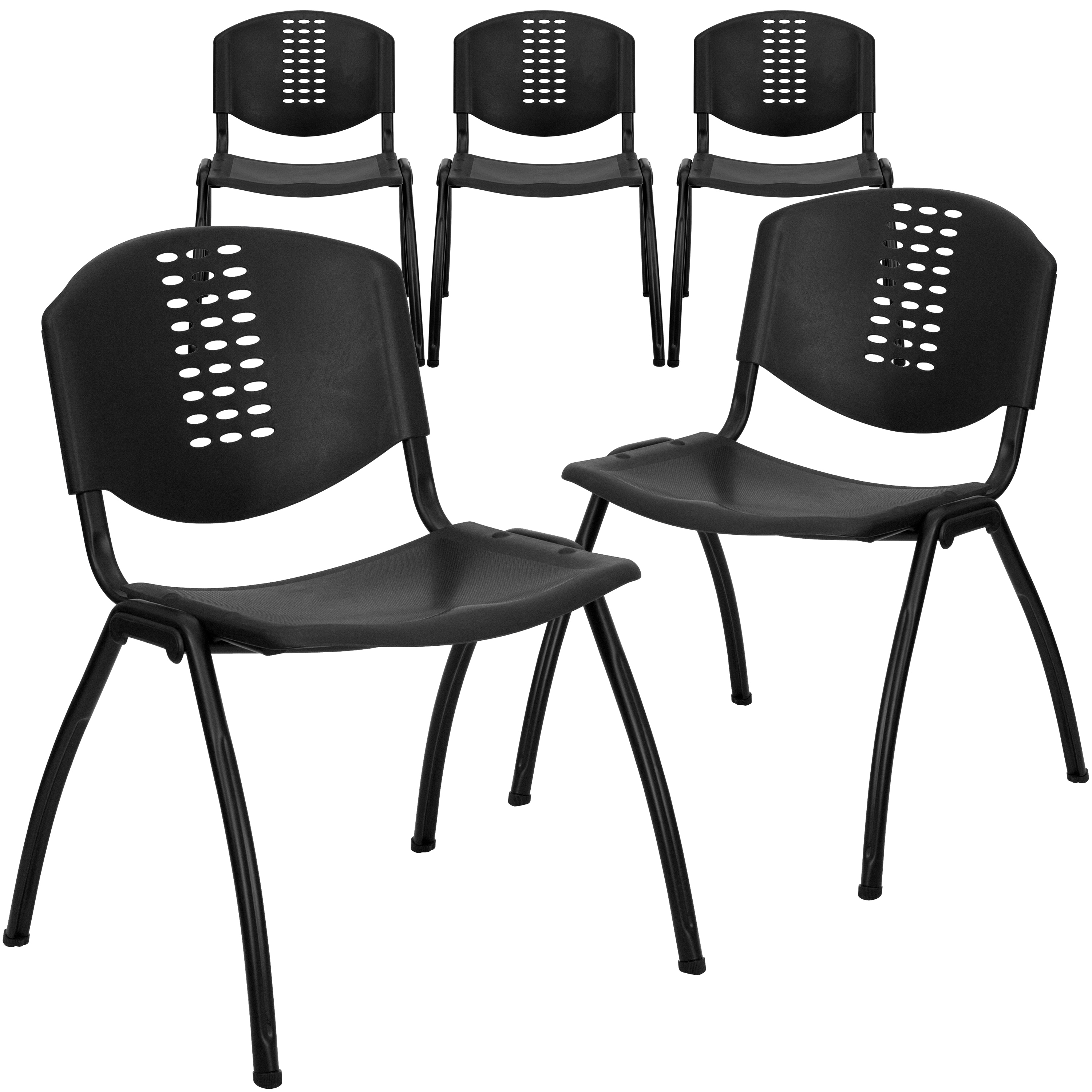 Flash Furniture 889142018162 5 Pack HERCULES Series 880 lb Capacity Black Plastic Stack Chair with Oval Cutout Back and Black Frame