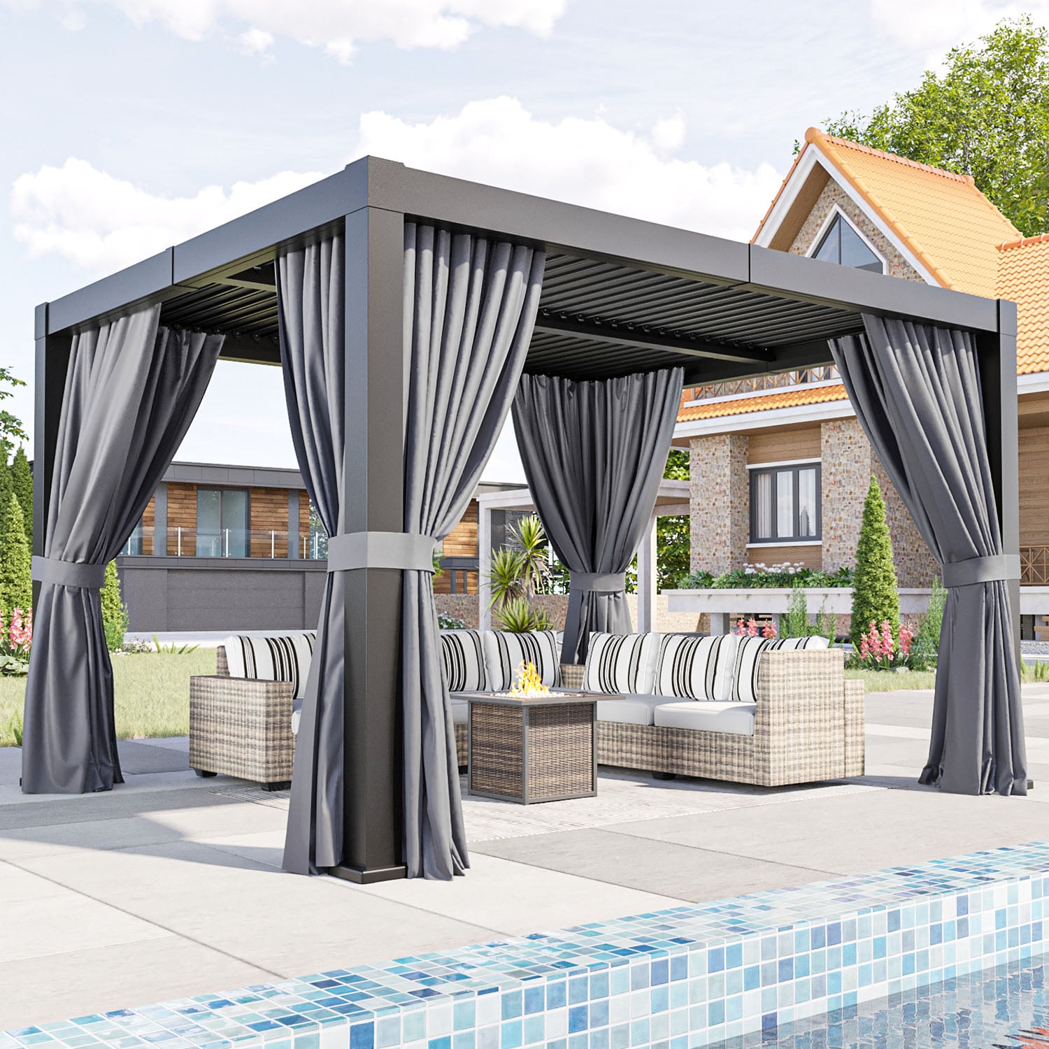 Bapipro BPGB02G55 Pergola 12-ft W x 10-ft L x 7-ft 3-in H Gray Metal Freestanding Pergola with Canopy