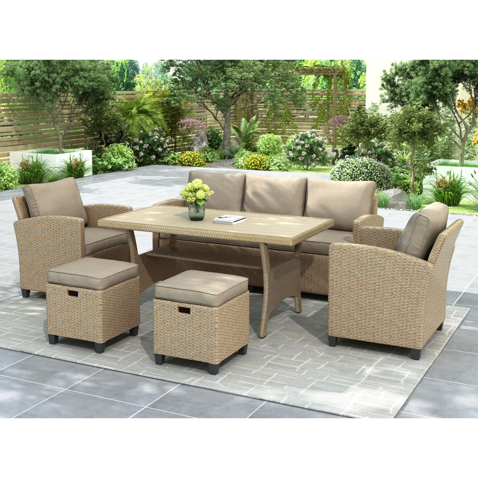 Bayfeve BFTP-036CAA High-Quality All-Weather Patio Dining Set 7 -Piece Brown Rattan Patio Dining Set Rattan Rectangle Table with 6 Brown Cushions Stationary Chairs