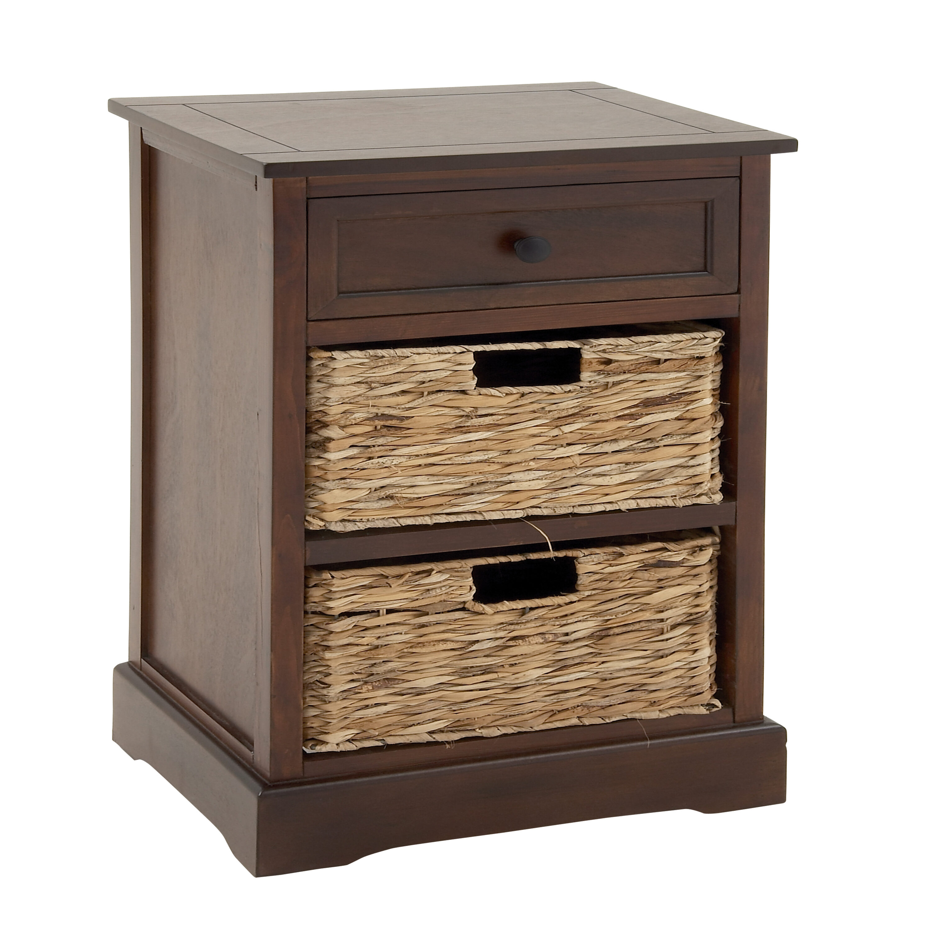 Elegant Brown Wooden Side Chest with Wicker Drawers - 33" x 20.5"