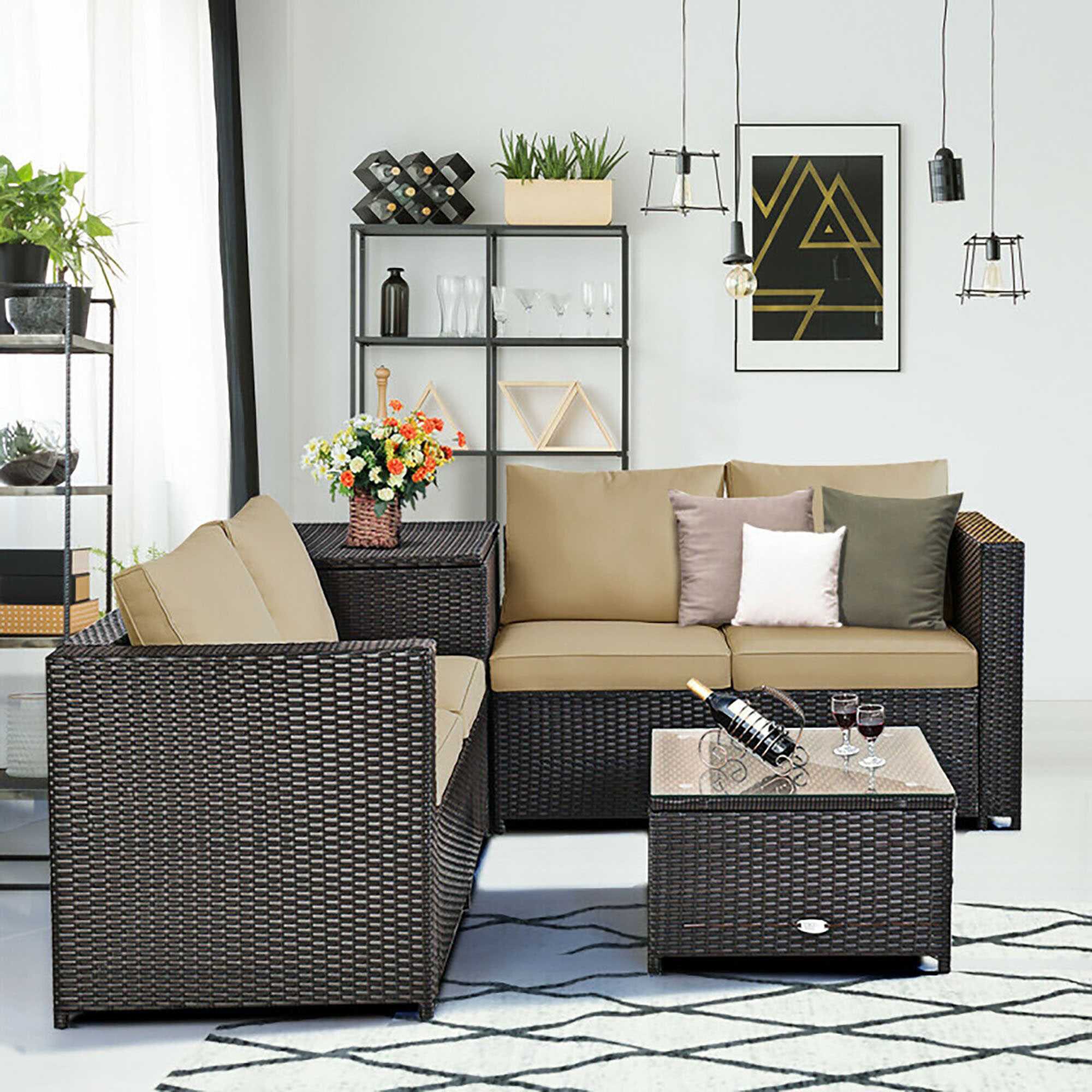 Brown 4-Piece Rattan Wicker Outdoor Patio Set with Cushions