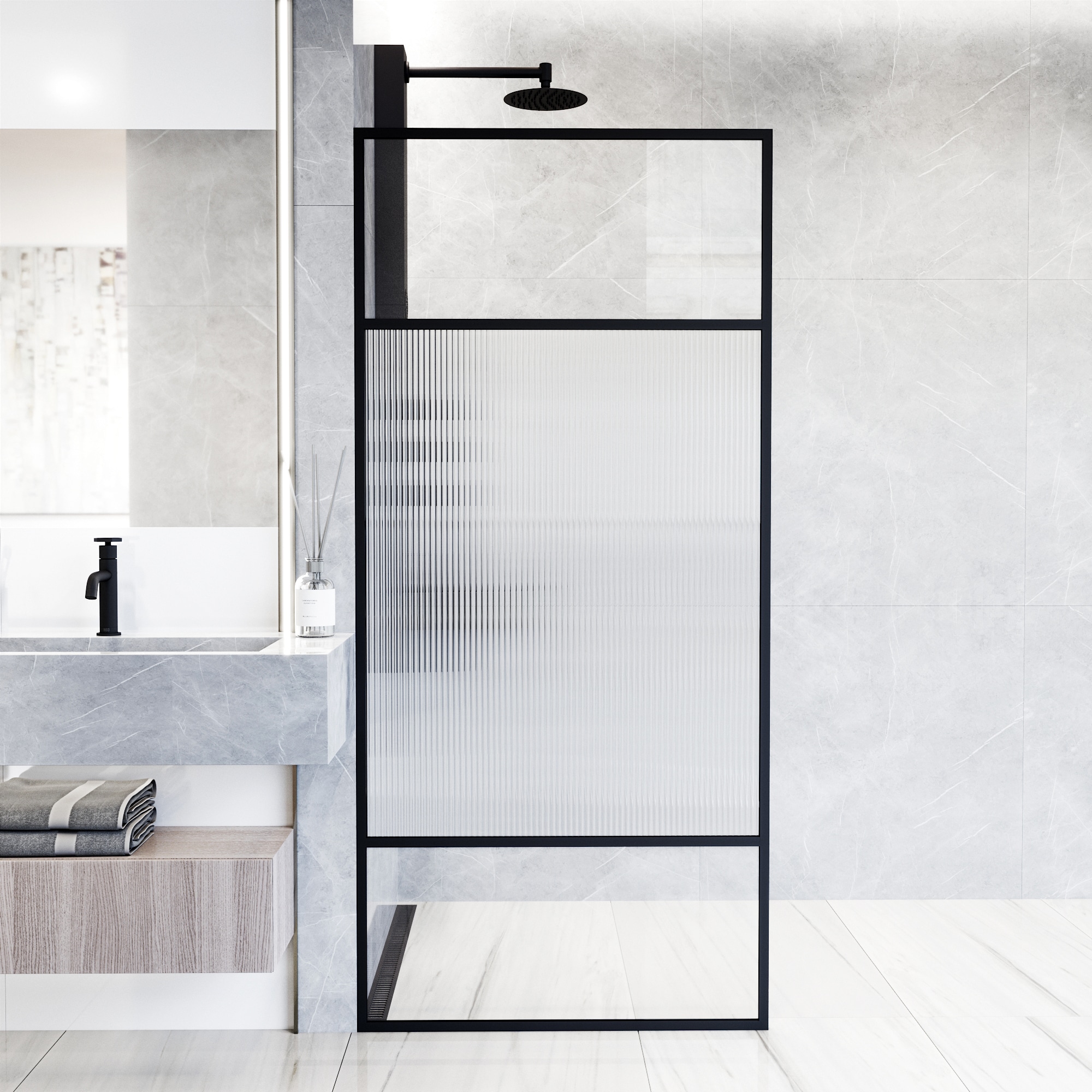 VIGO VG6093MBFL3474 Essex Matte Black 34-in W x 74-in H Framed Fixed Shower Door 3/8-in Thick Patterned Glass