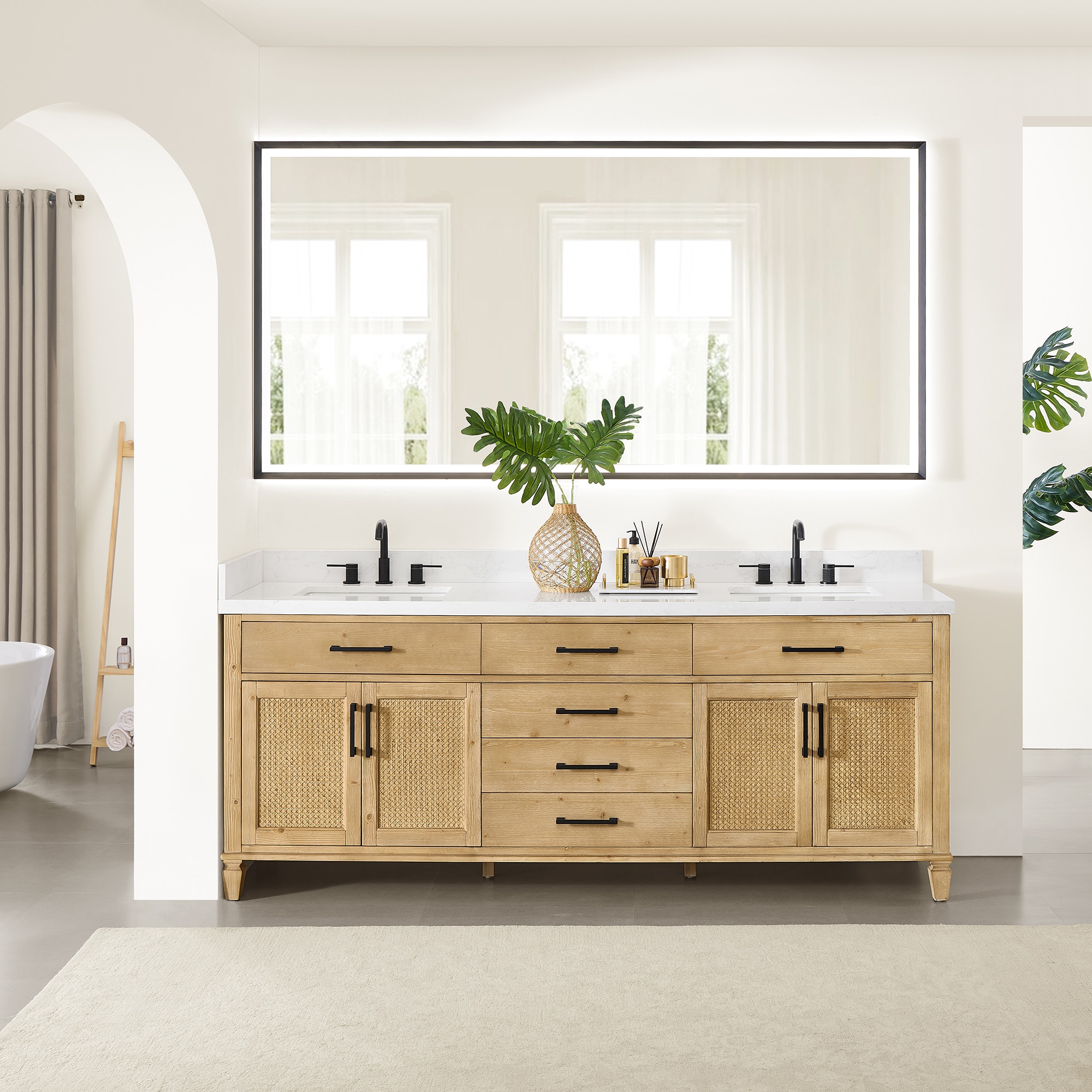 Altair 571084-WF-GW Salome 84-in Weathered Fir Undermount Double Sink Bathroom Vanity with Grain White Engineered Stone Top (Mirror Included)