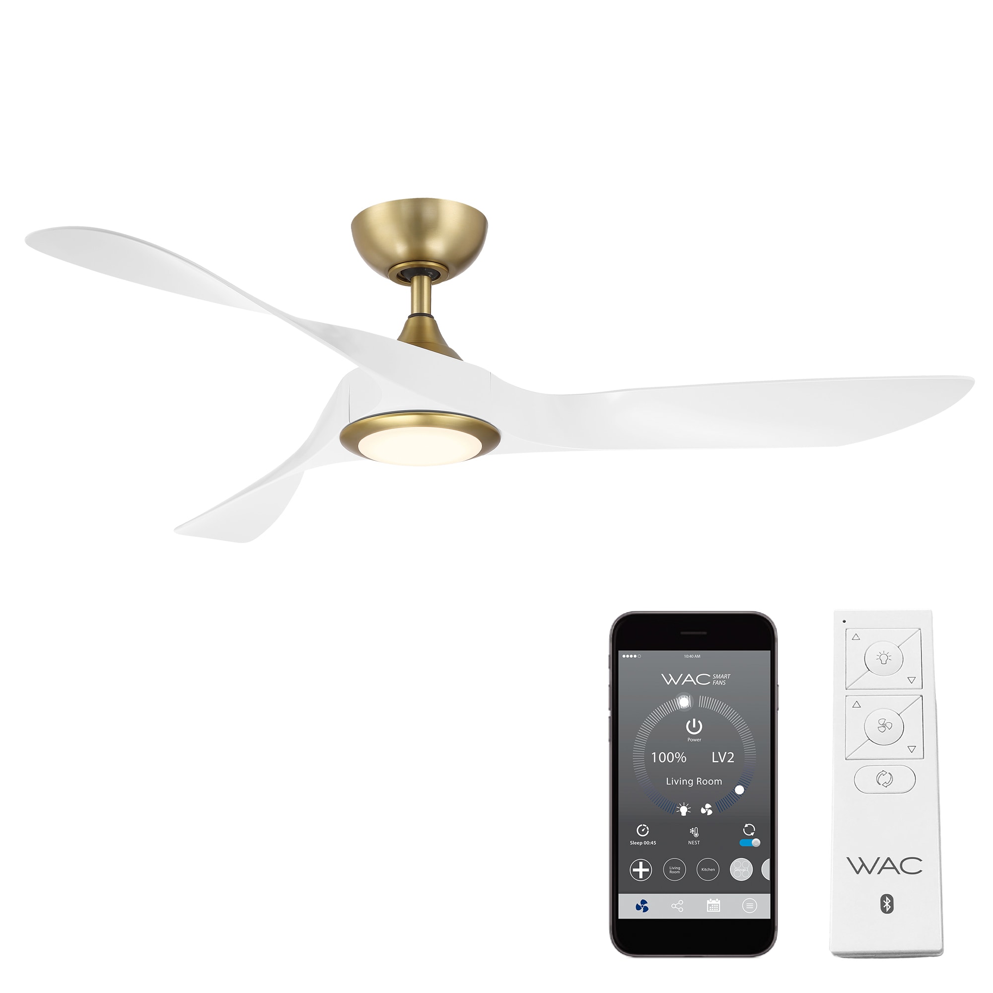 WAC Lighting F-074L-SB/MW Swirl 54-in Integrated LED Outdoor Smart Soft Brass with Matte White Blades Ceiling Fan With Light and Remote ( 3 -Blade )