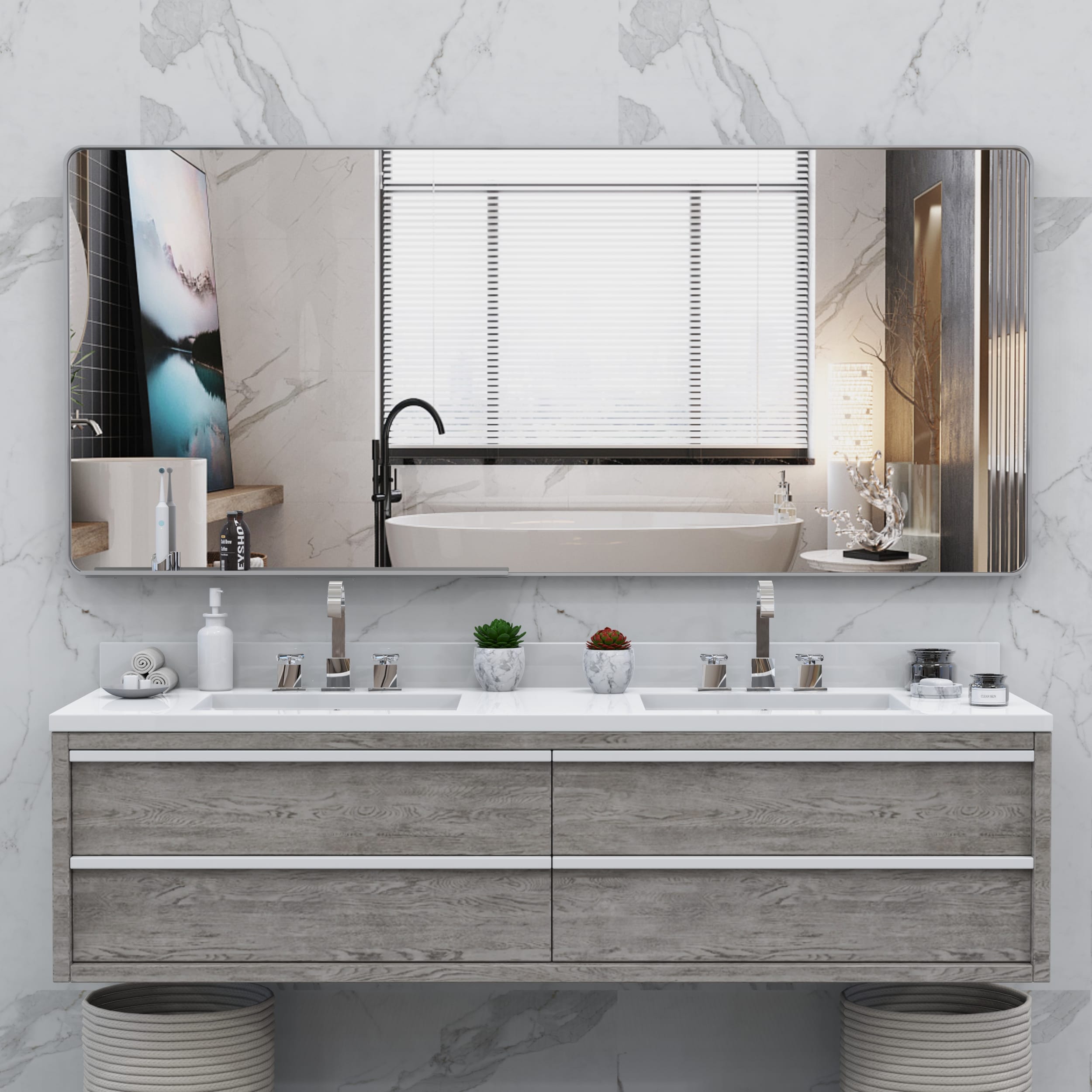 Forclover MF03GI-ME08 72-Inches x 32-Inches Framed Rectangle Bathroom Vanity Mirror ( Silver )
