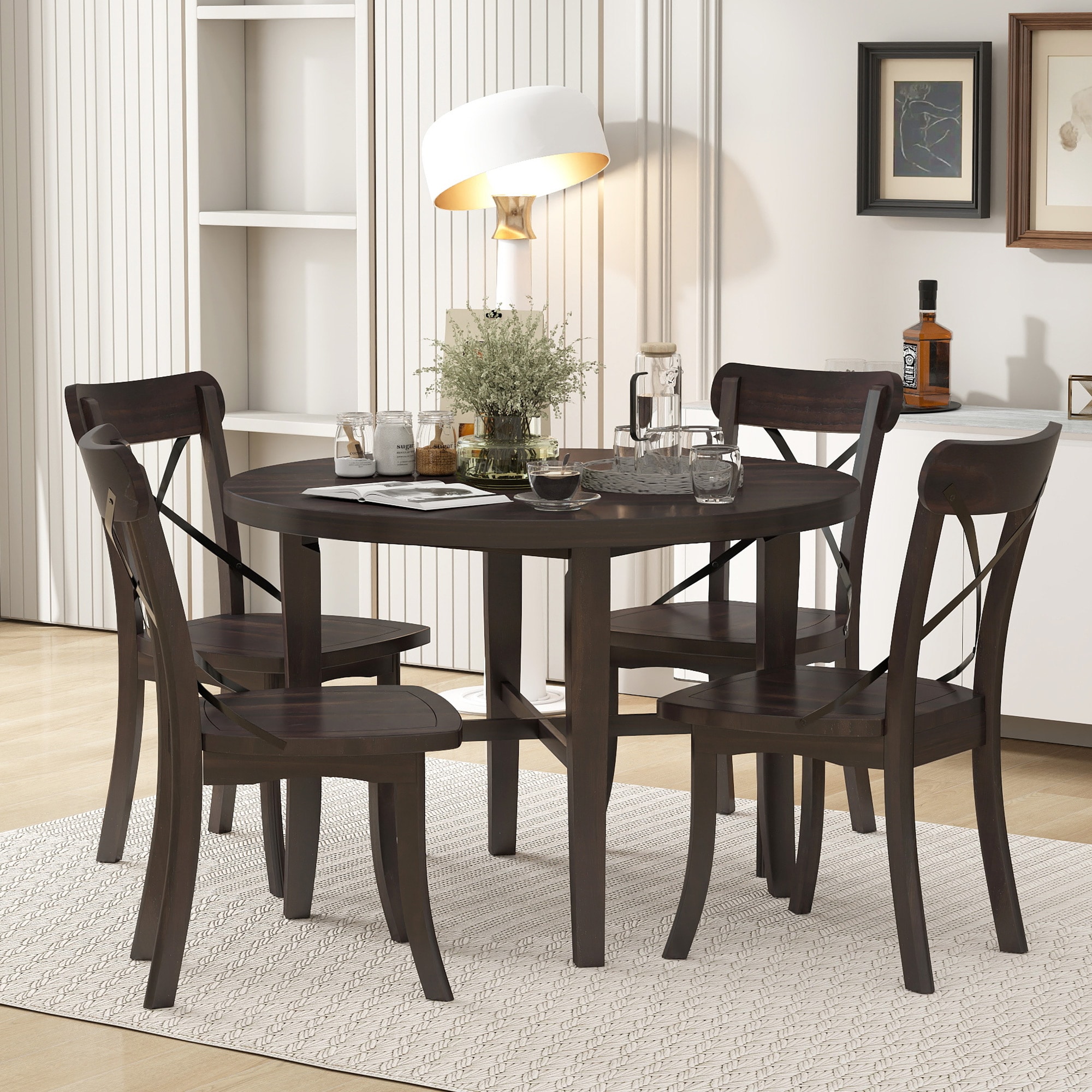 ModernLuxe ST000130AAP 5piece Dining Set Retro Simple Round Table and 4 Chairs with Xshaped Backrest for Kitchen Dining Room and Living Room Espresso
