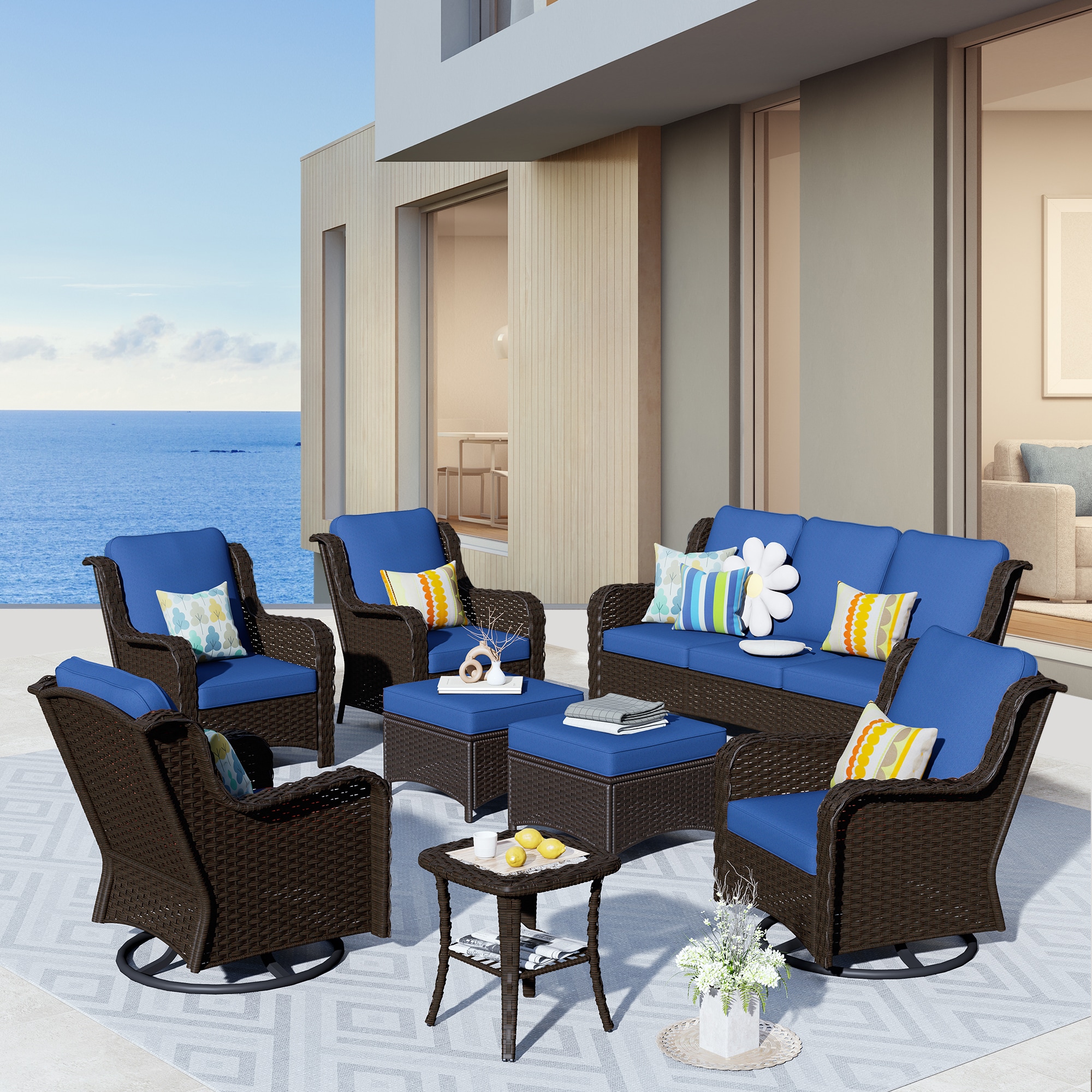 XIZZI XCTRC7184 Vesta 8 -Piece Wicker Patio Sofa Conversation Set with Blue Cushions