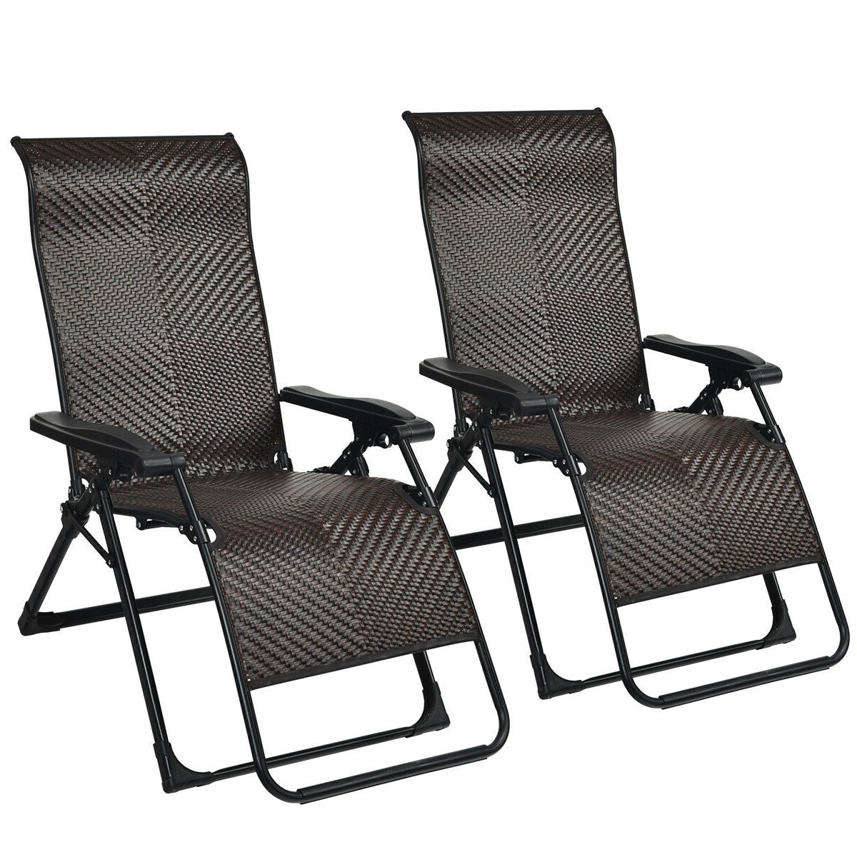 Slickblue D-CO-2-25346WH Set of 2- Zero Gravity Brown Rattan Lounge Chairs with Black Adjustable Recline and Foldable Steel Frame for Patio Garden Poolside or Balcony