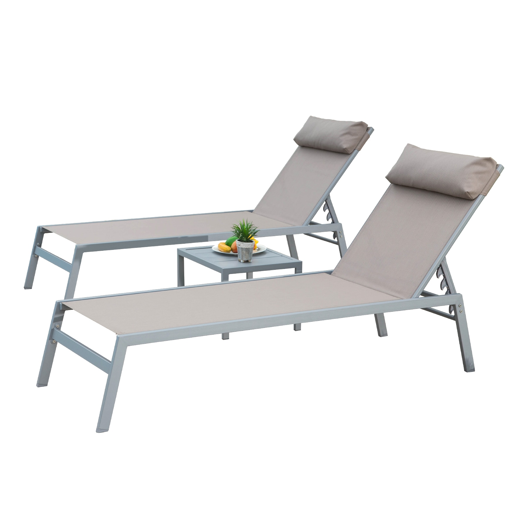 GDFStudio 333516 Modern Outdoor (Set of 2) Aluminum Adjustable Chaise Lounge Chairs with Side Table Khaki