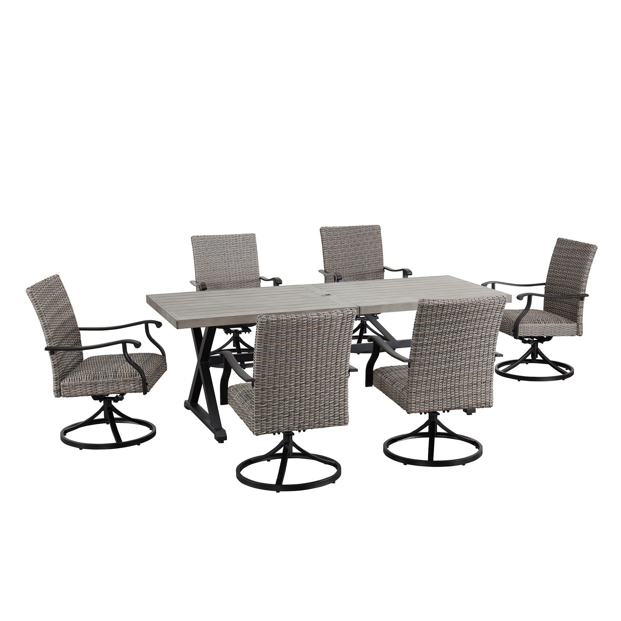 PEAK HOME FURNISHINGS 970423-973829 Dining Set 7 -Piece Gray Rattan Patio Dining Set Steel Rectangle Table with 6 Swivel Chairs and Umbrella Included