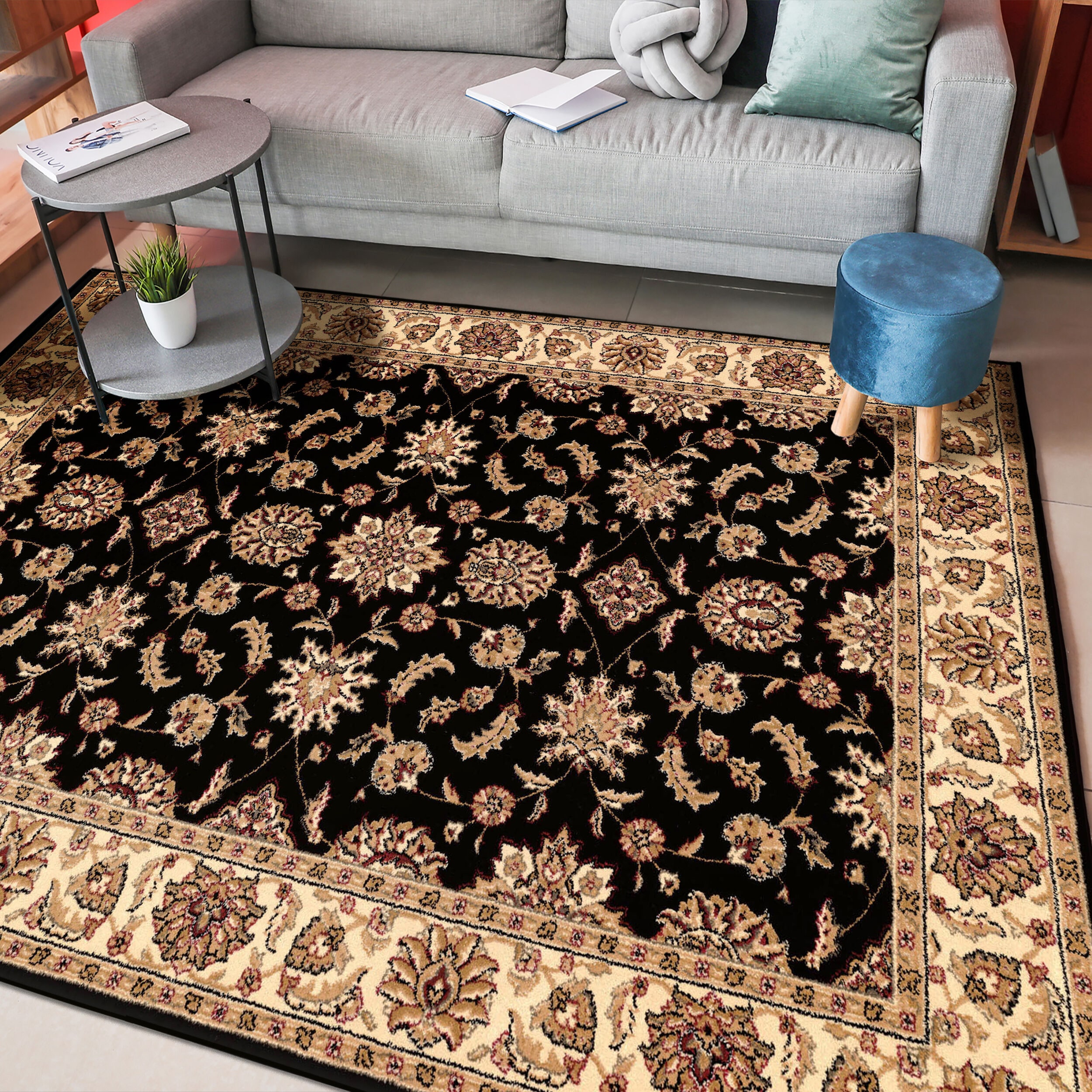 Radici USA 1592/1011/BLACK Como 5 x 8 (ft) Loomed Polypropylene Black Rectangular Indoor Floral/Botanical Oriental Area rug