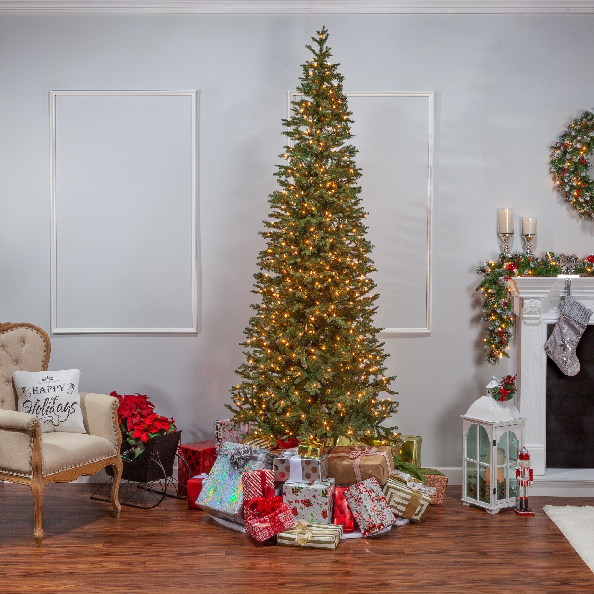 Sterling Tree Company 9-ft Pine Pre-lit Slim Artificial Christmas Tree ...