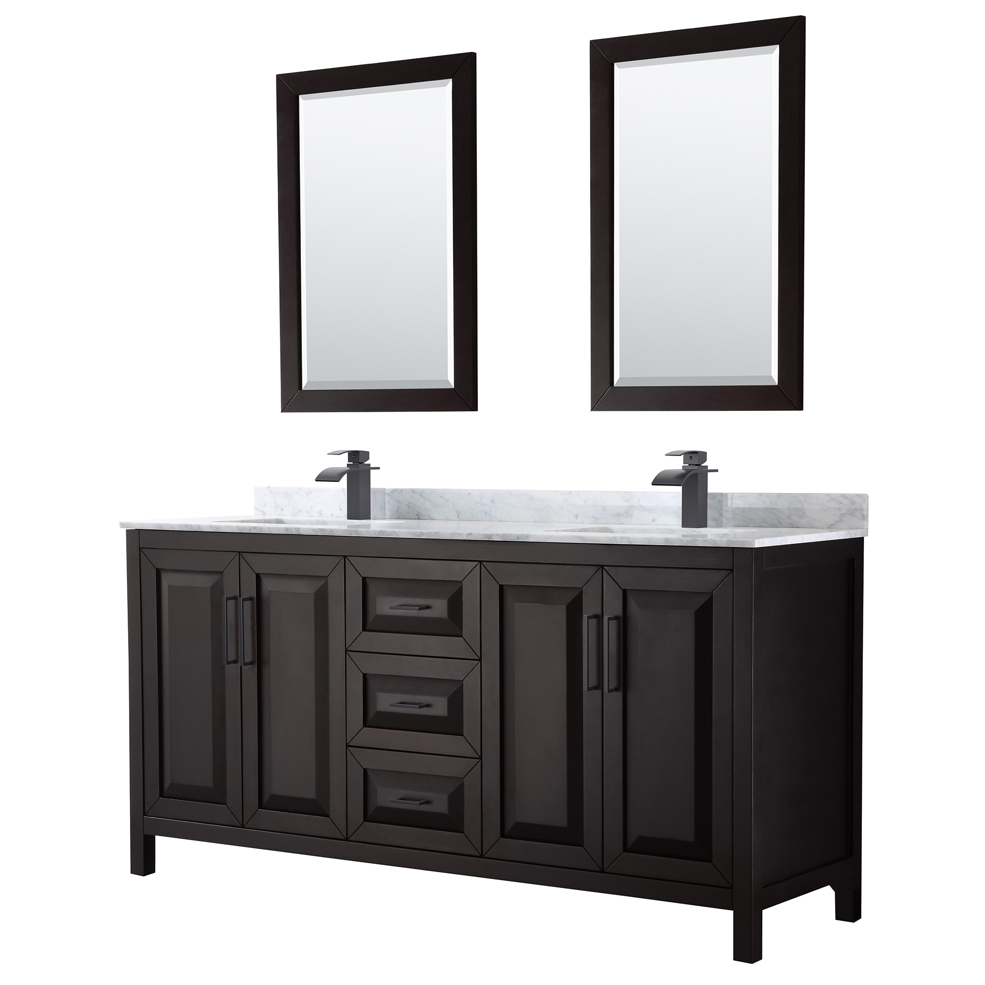 Wyndham Collection WCV252572DEBCMUNSM24 Daria 72-in Dark Espresso with Matte Black Trim Undermount Double Sink Bathroom Vanity with White Carrara Marble Natural Marble Top (Mirror Included)