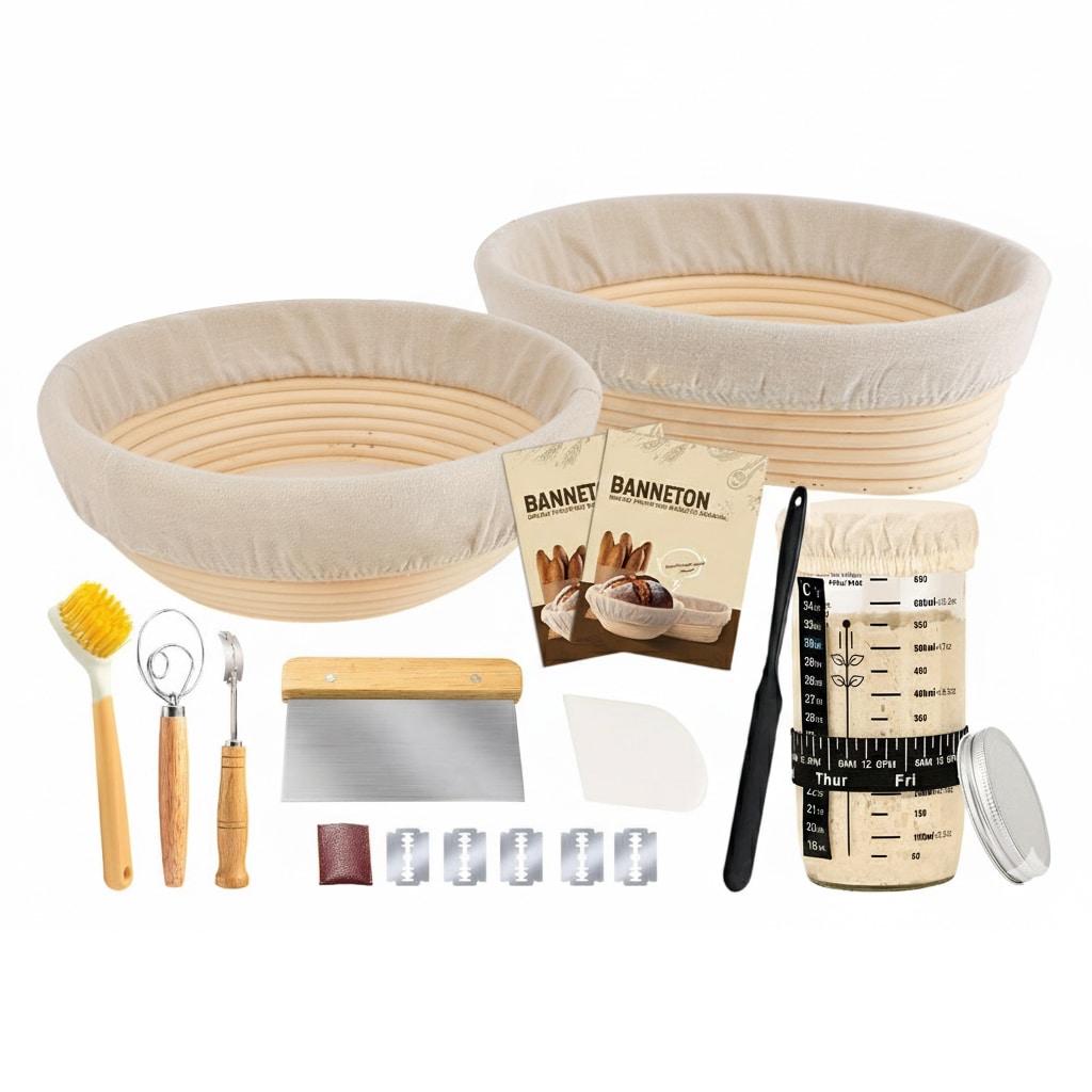 Etokfoks  Sourdough Starter Kit with 2 Banneton Baskets 24 oz Jar Linen Liners Scoring Tools 9 in Round 10 in Oval