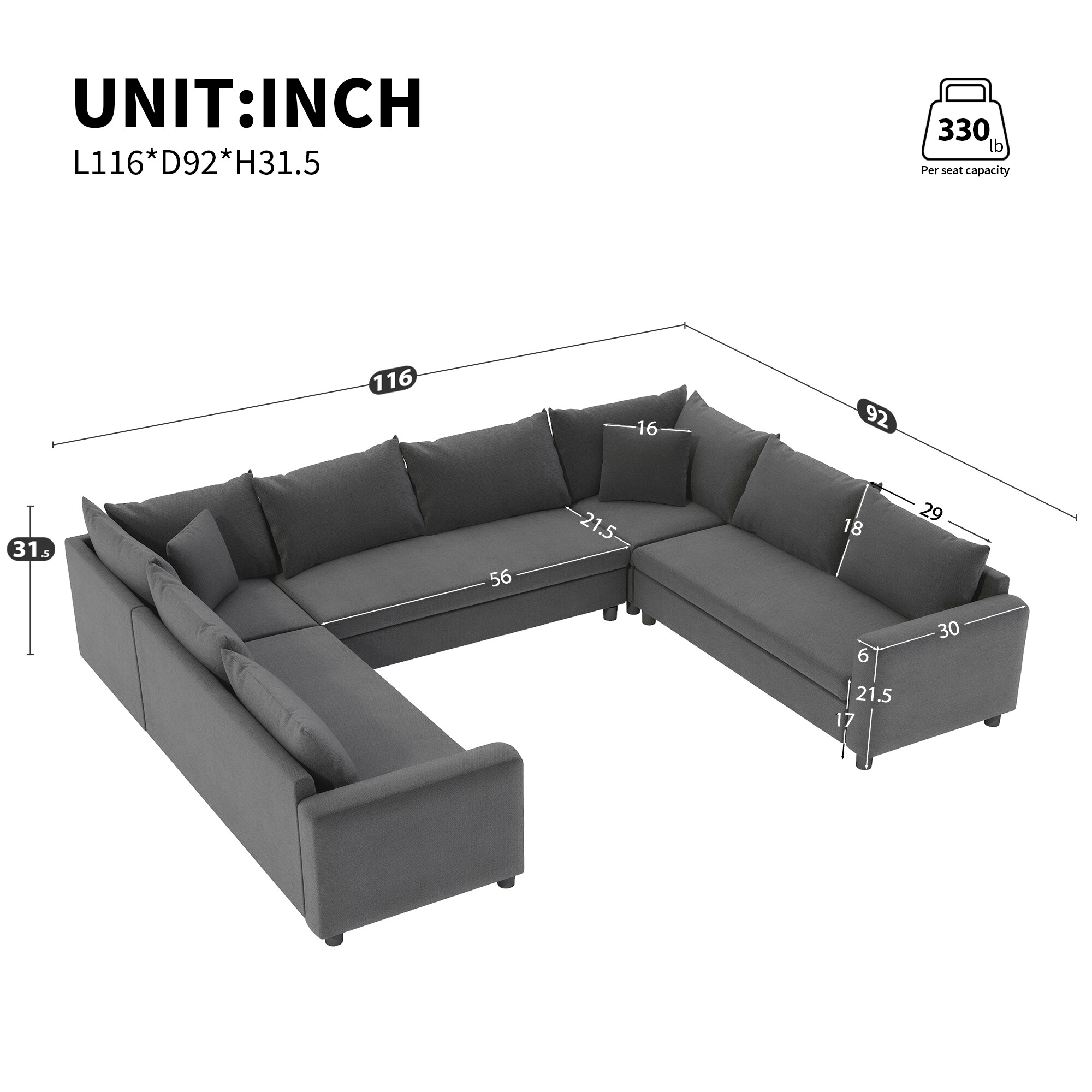 Technical dimensions of the sectional with measurements labeled