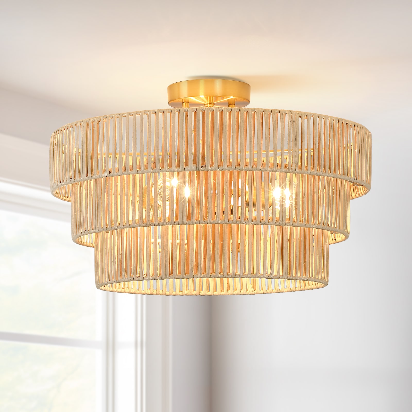 True Fine 90102FL Marimba 3 -Light 18-in Polished Brass Semi Flush Mount Light