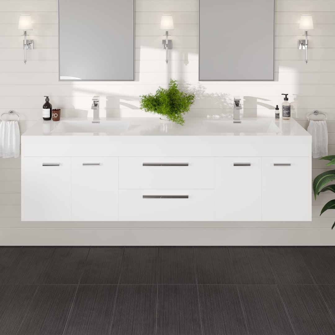Eviva EVVN1700-8-72WH-WM Lugano 72-in White Double Sink Floating Bathroom Vanity with White Acrylic Top