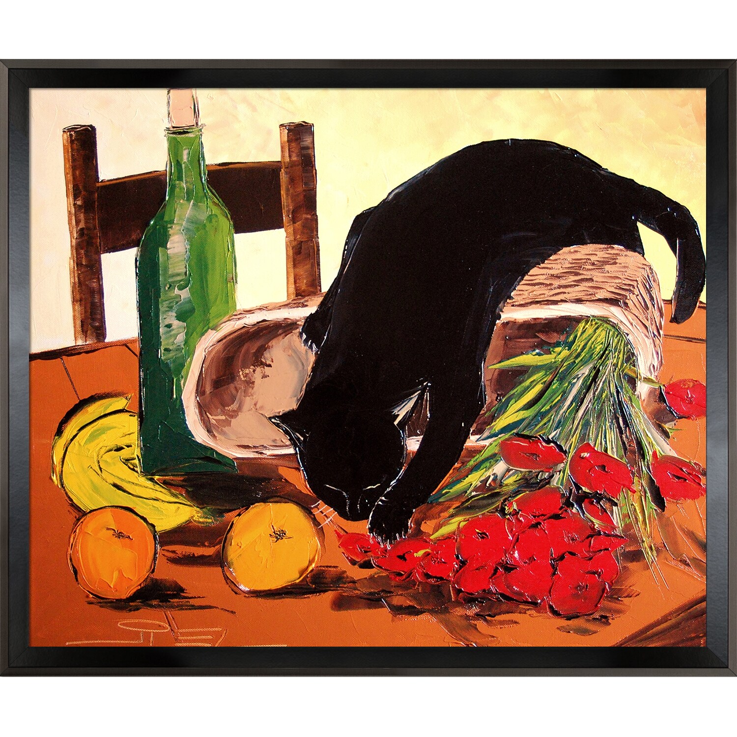 ArtistBe 688576396569 Return from Market with Black Cat (Bouquet) Hi-End Print on Canvas Atelier de Jiel Black Wood Framed 26.5-Inches H x 22.5-Inches W Animals Canvas Print