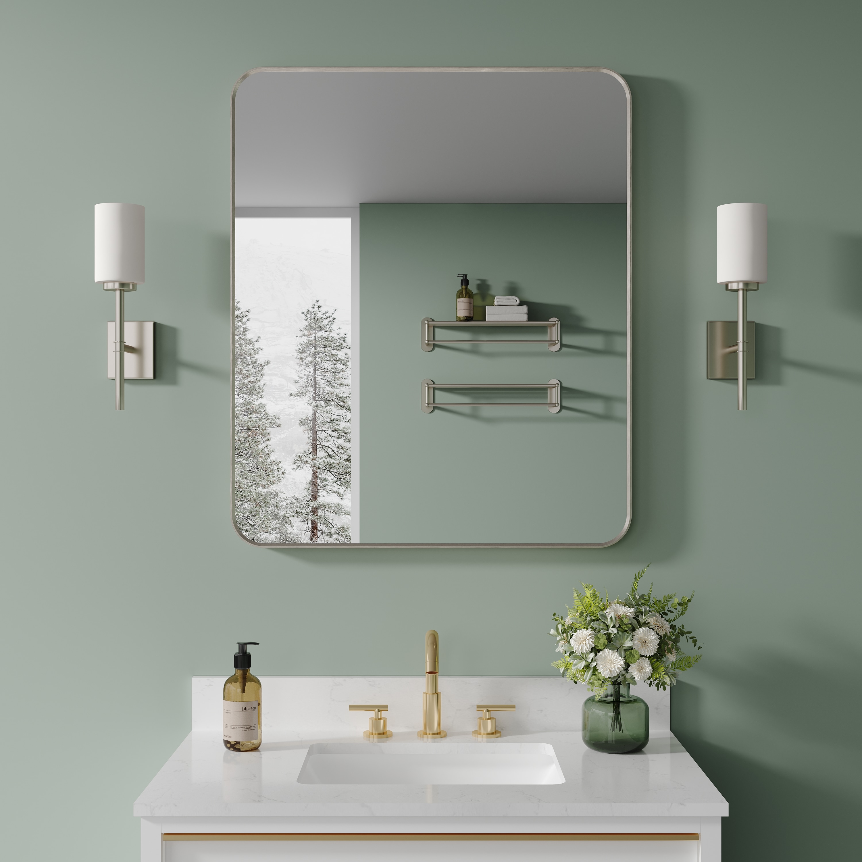Forclover TAK-FMR3036MG BE Bathroom Mirror 30-in x 36-in Framed Rectangle Bathroom Vanity Mirror ( Brushed Nickel )