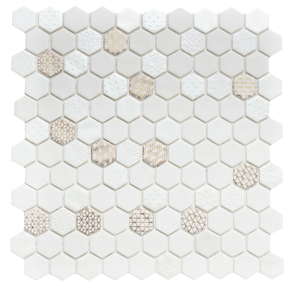 The Tile Life SLYNXMALLBL Sample - Eterna Hex Oro Blanco 4-in x 4-in Satin Glass Marble look Wall Tile